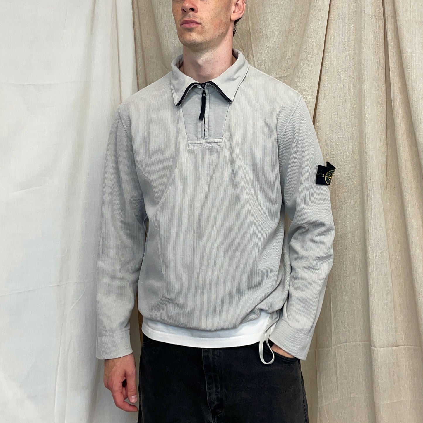 Stone Island Ivory Grey SS00 Cotton/Nylon Ribbed Half-Zip Jumper