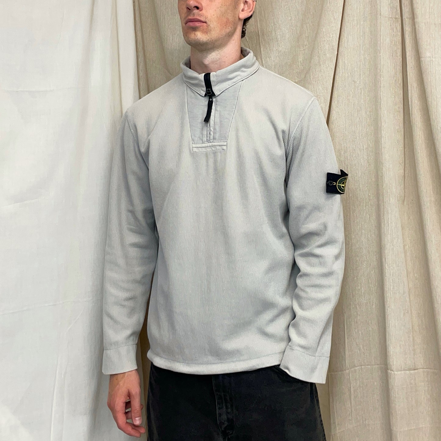 Stone Island Ivory Grey SS00 Cotton/Nylon Ribbed Half-Zip Jumper