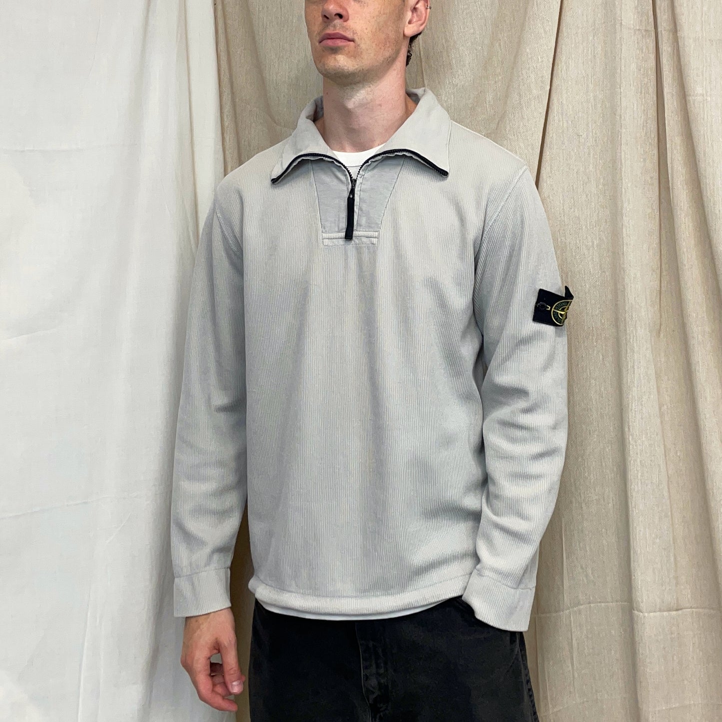 Stone Island Ivory Grey SS00 Cotton/Nylon Ribbed Half-Zip Jumper