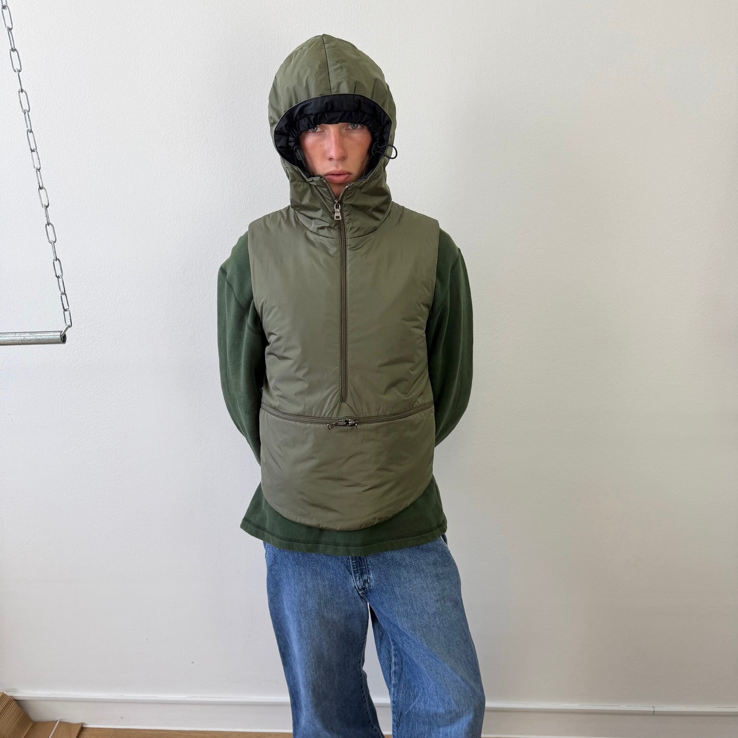 Prada Sport Khaki FW99 Runway Packable Nylon Hooded Gilet Vest