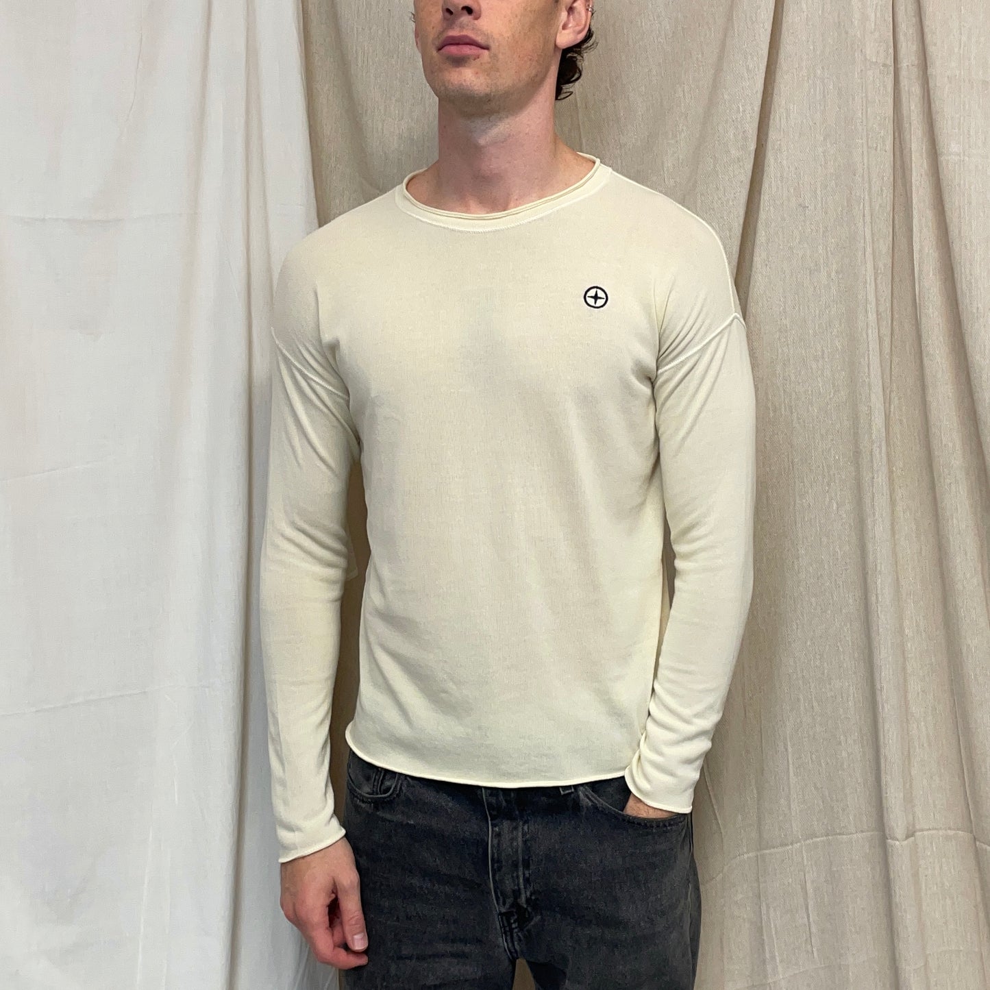Stone Island Denims Cream 00s Lightweight Raw-Edge Jumper