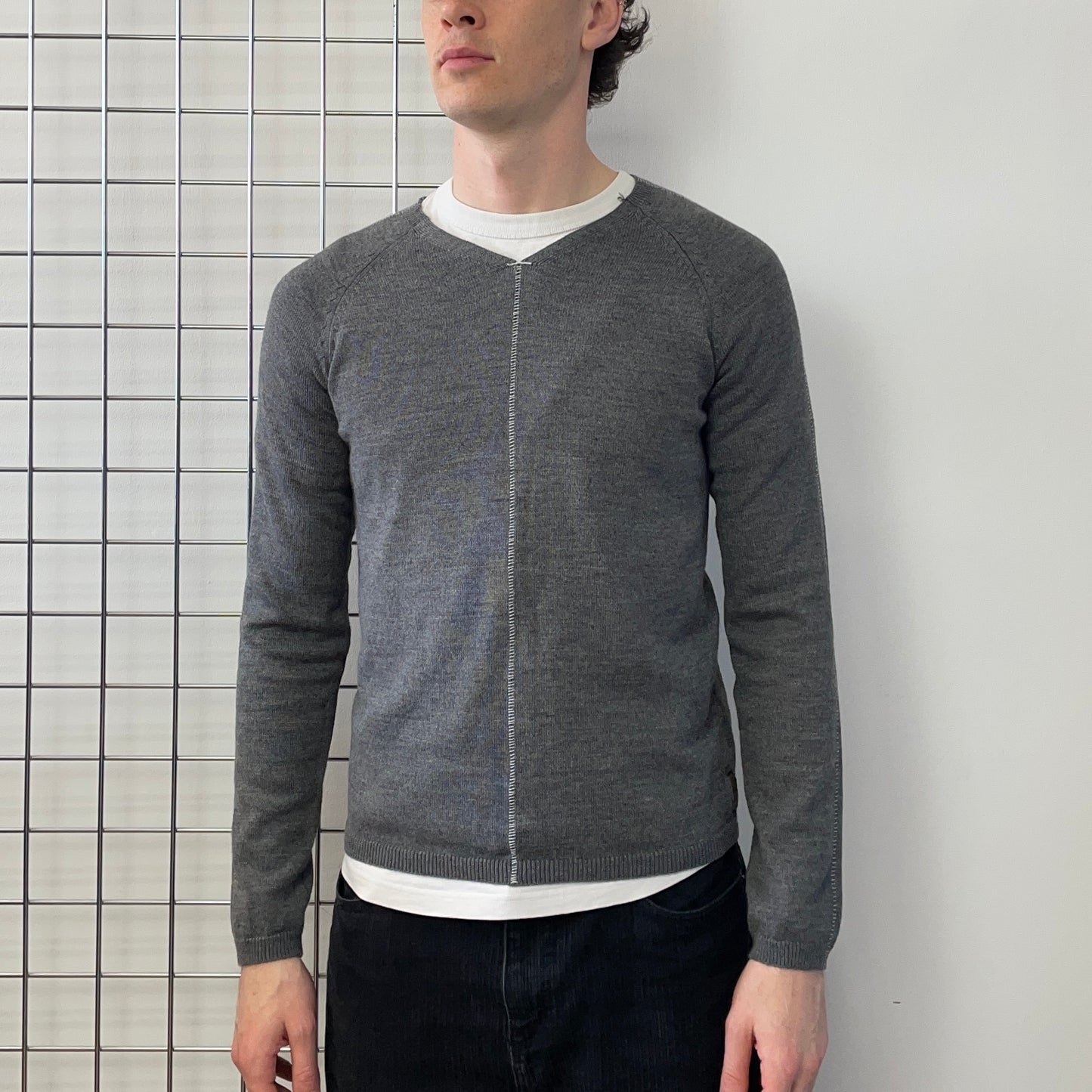 Armani Jeans Grey 00s Contrast Stitch Knit Jumper