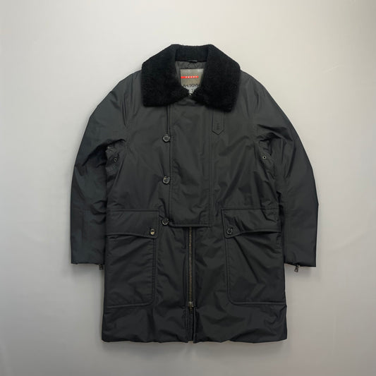 Prada Sport Black Nylon Sheep Fur Padded Long Coat