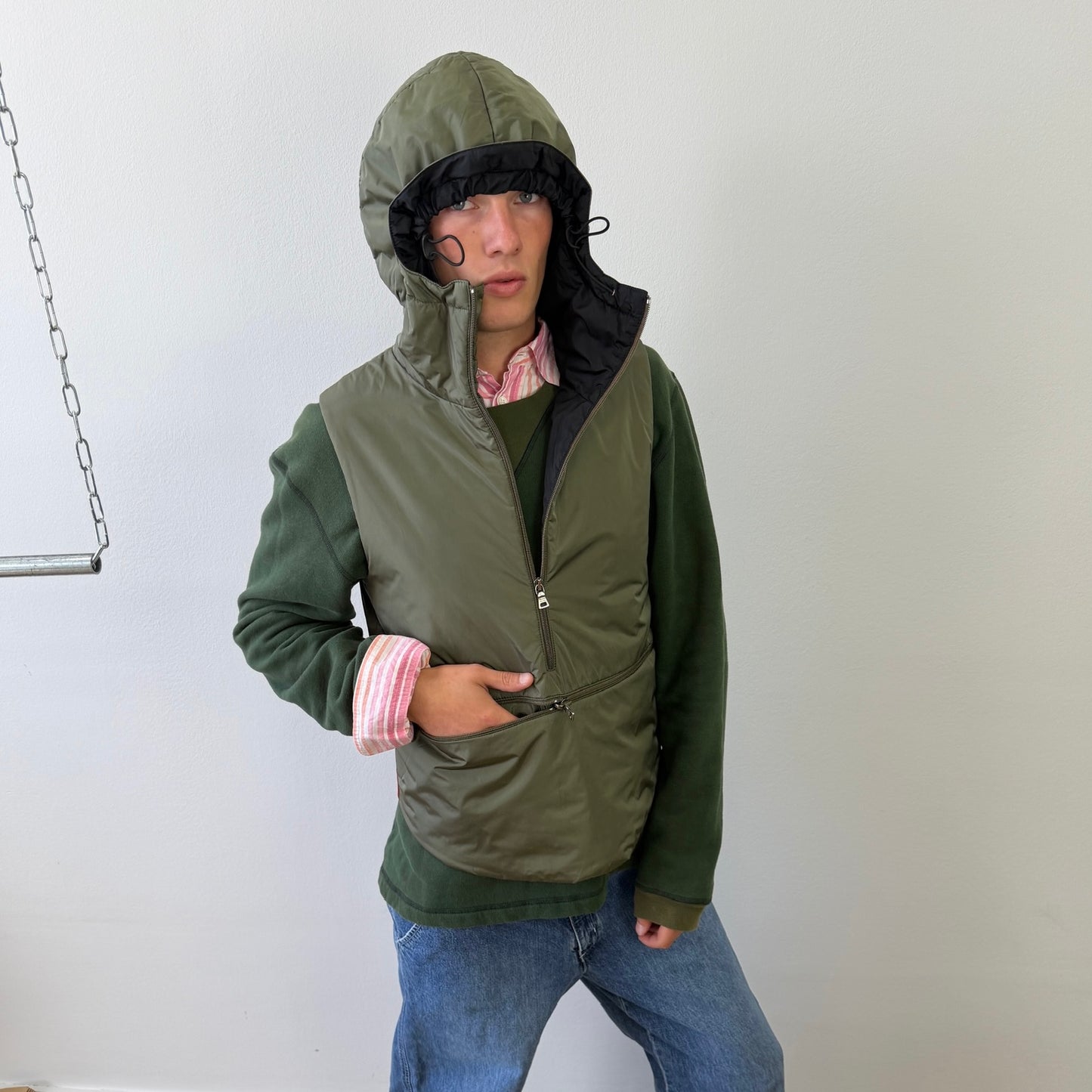 Prada Sport Khaki FW99 Runway Packable Nylon Hooded Gilet Vest