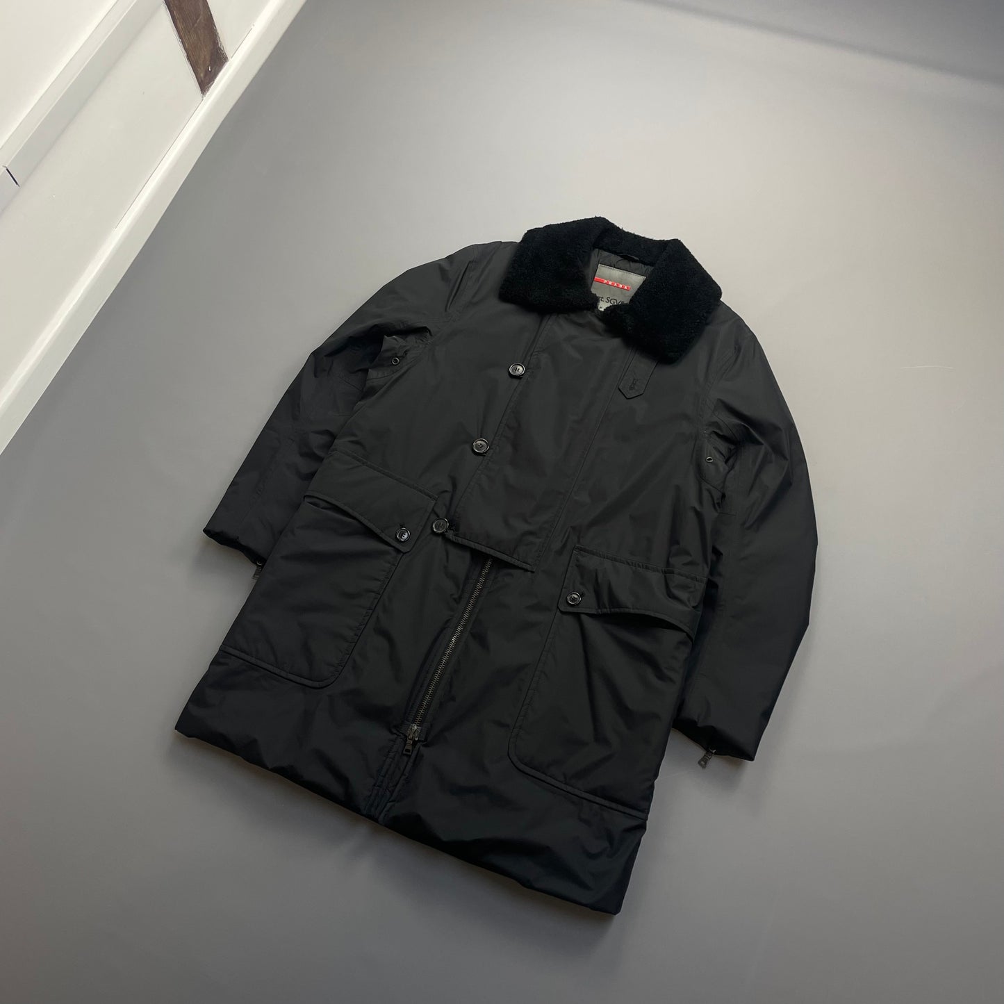 Prada Sport Black Nylon Sheep Fur Padded Long Coat