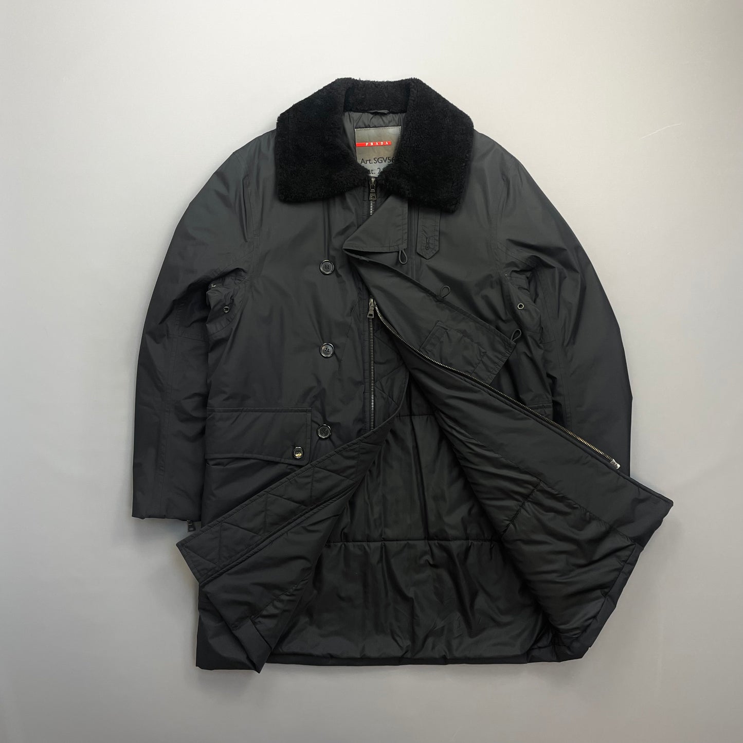 Prada Sport Black Nylon Sheep Fur Padded Long Coat