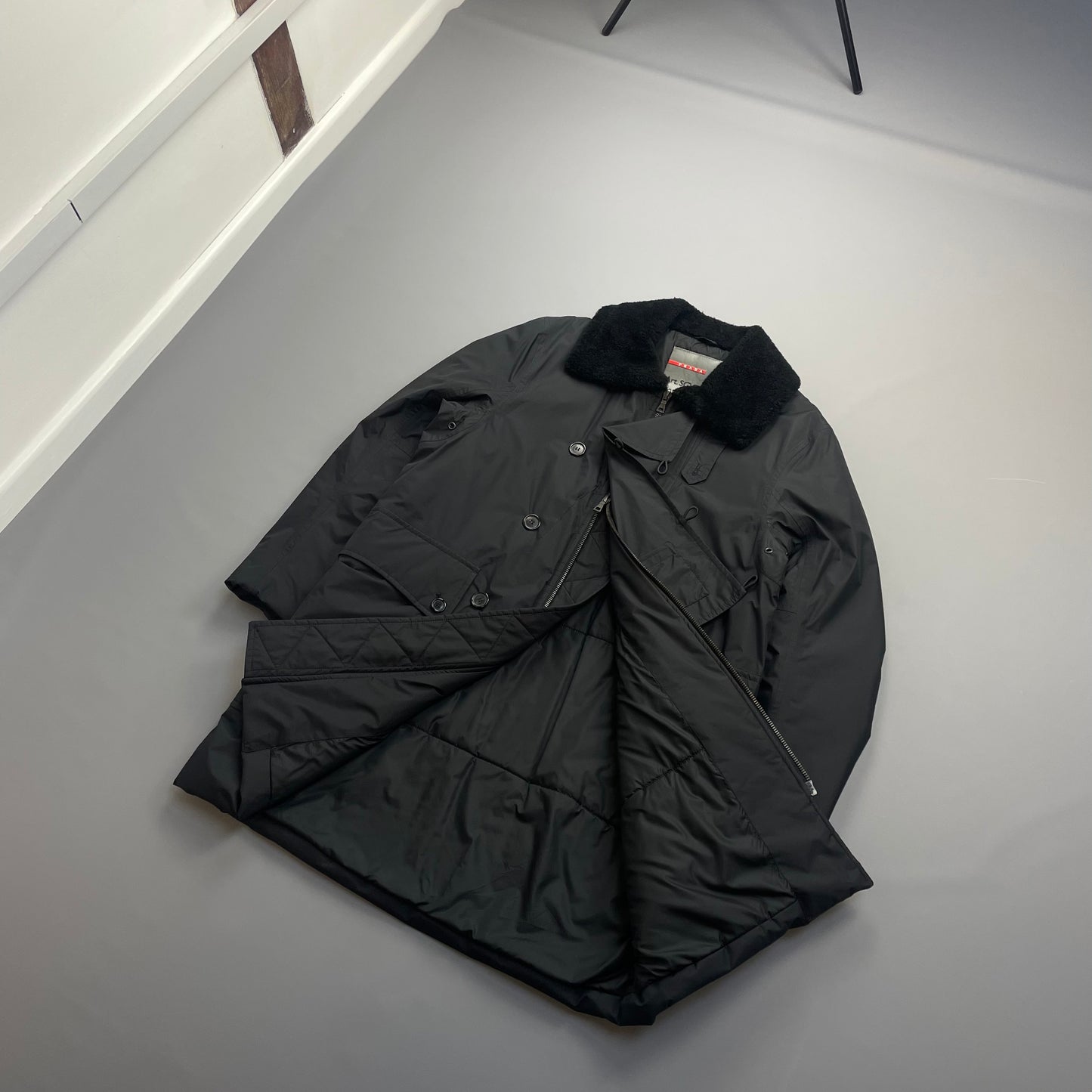Prada Sport Black Nylon Sheep Fur Padded Long Coat