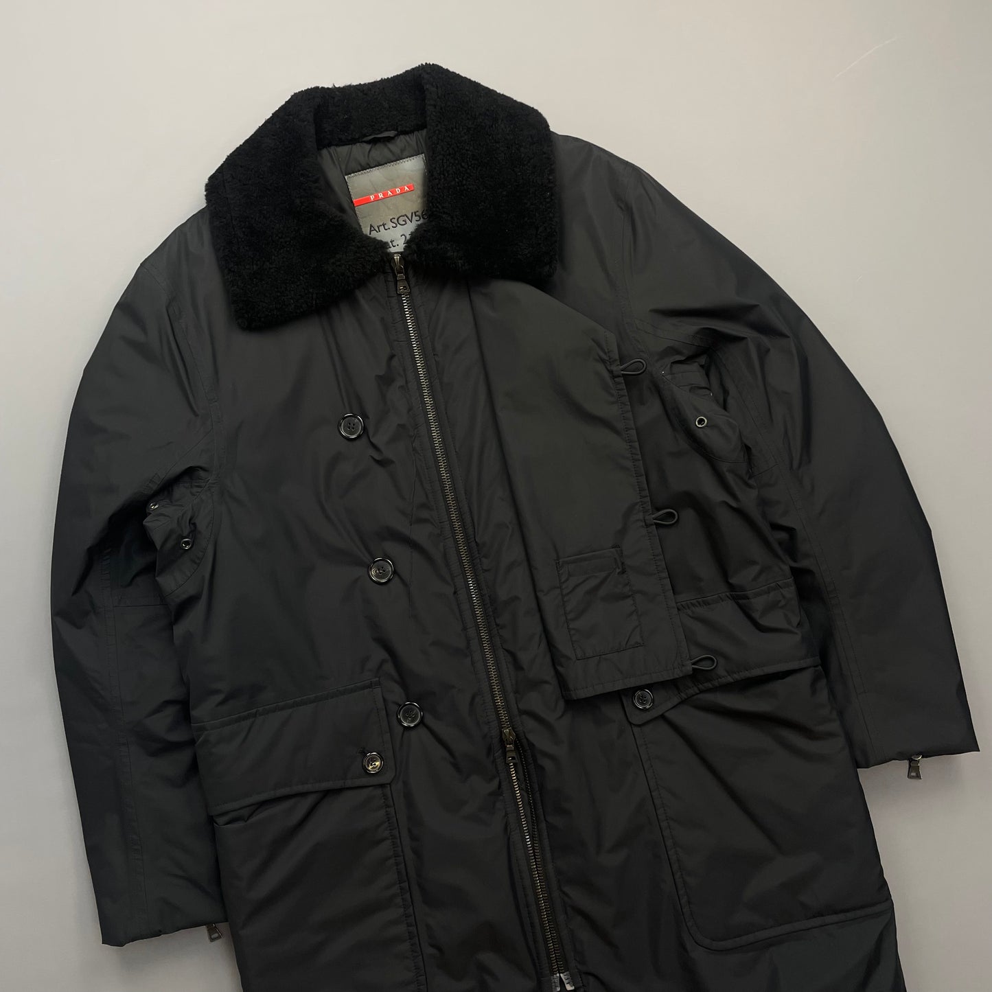 Prada Sport Black Nylon Sheep Fur Padded Long Coat