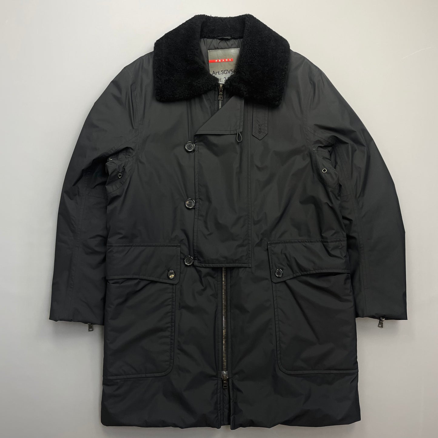 Prada Sport Black Nylon Sheep Fur Padded Long Coat