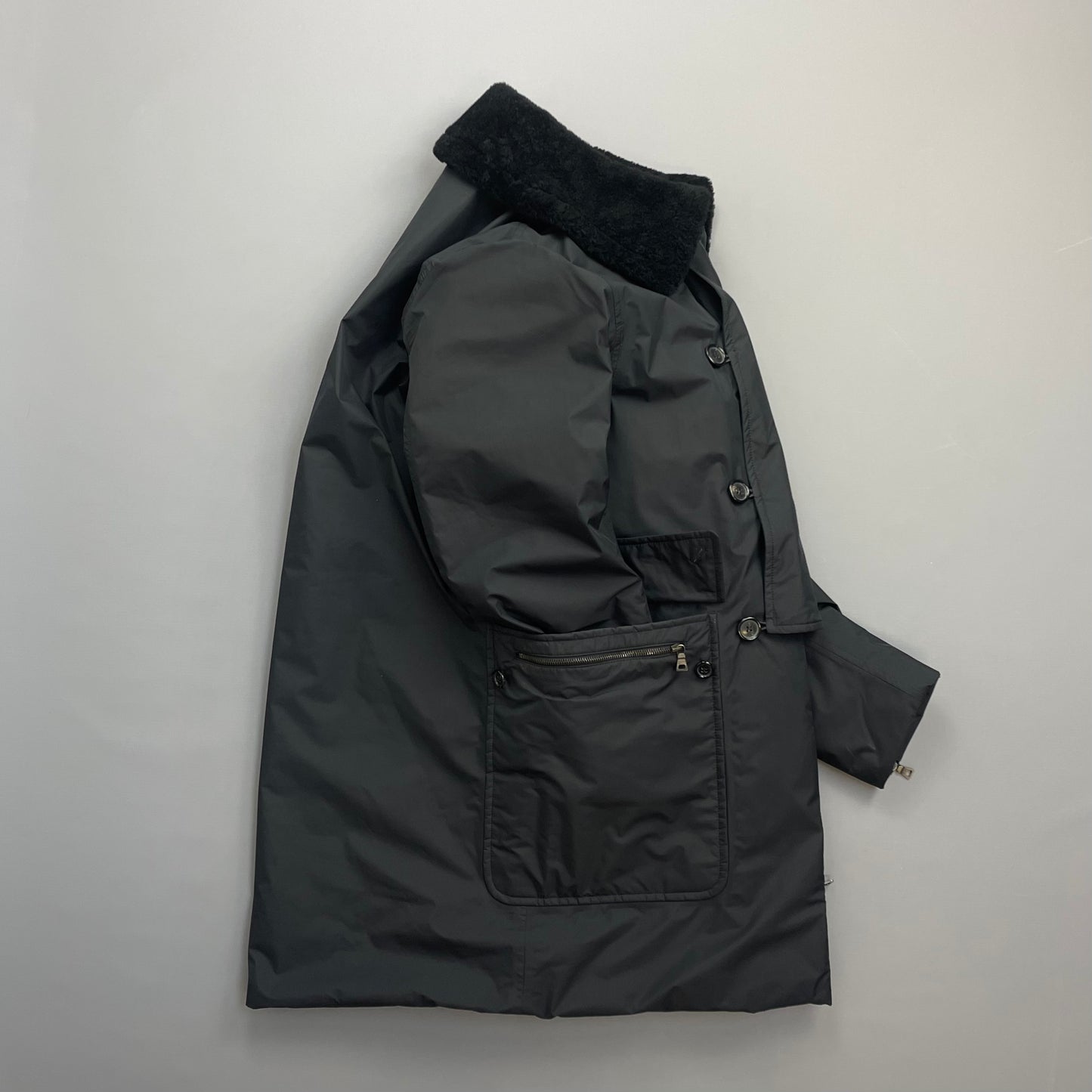 Prada Sport Black Nylon Sheep Fur Padded Long Coat