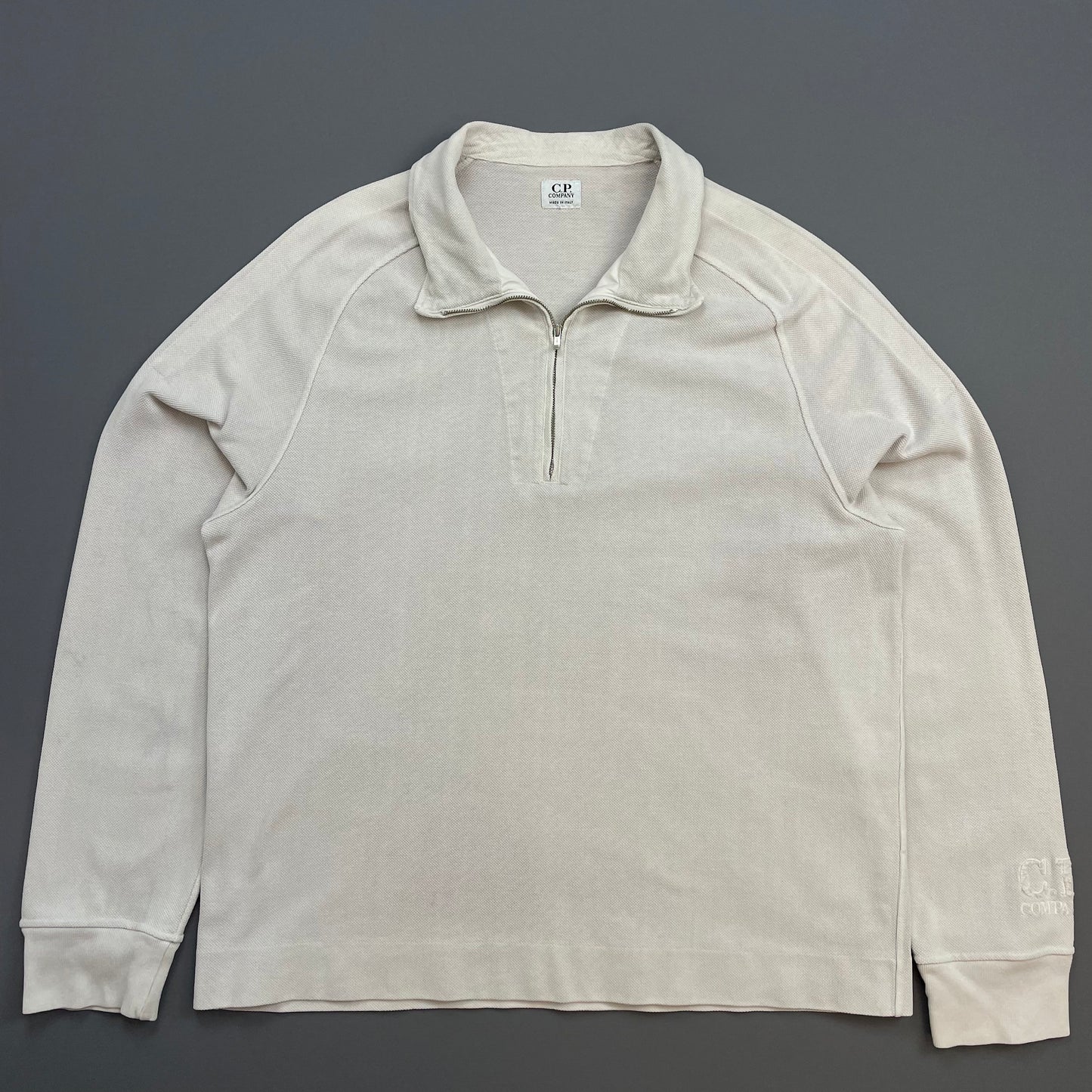 C.P. Company White SS03 Canvas Cotton Cuff Spellout Zip-Collar Jumper