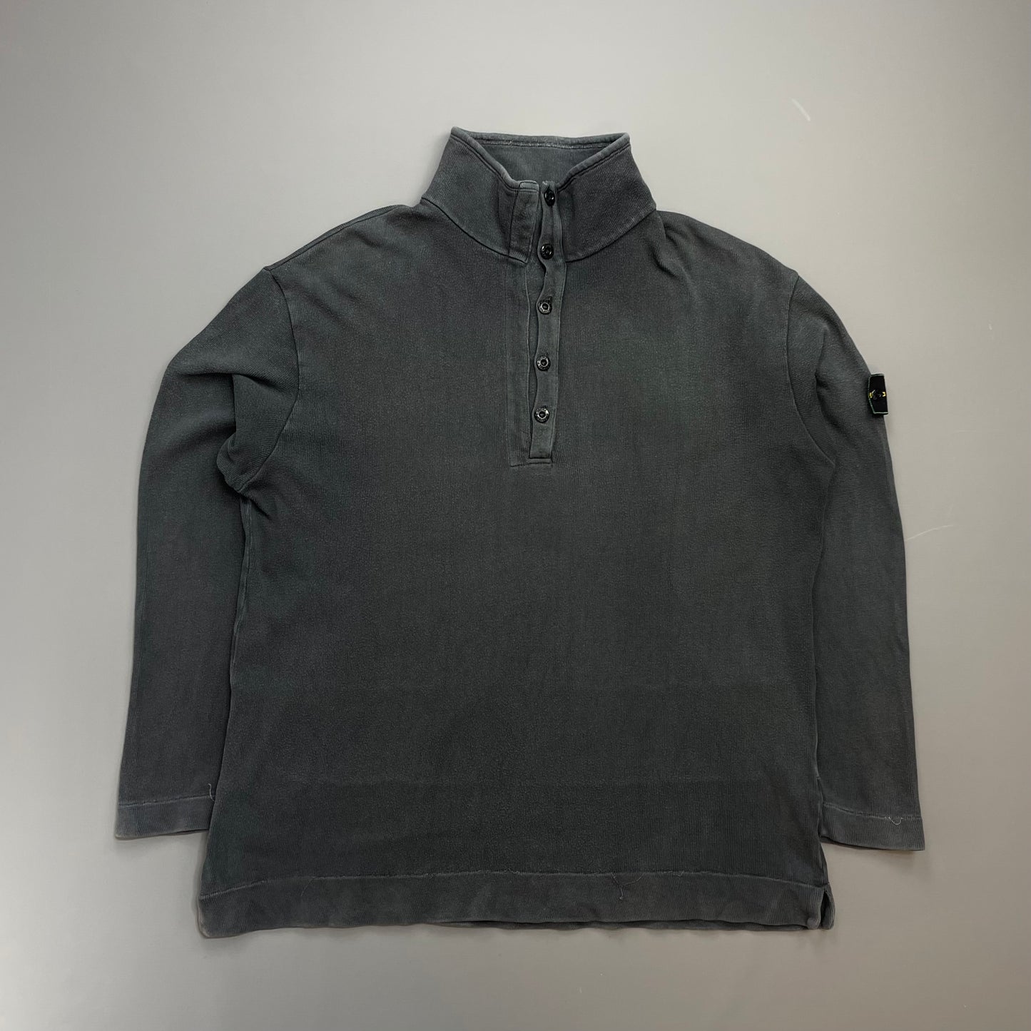 Stone Island Grey AW99 Cotton Button-Up Collar Green Edge Badge Jumper