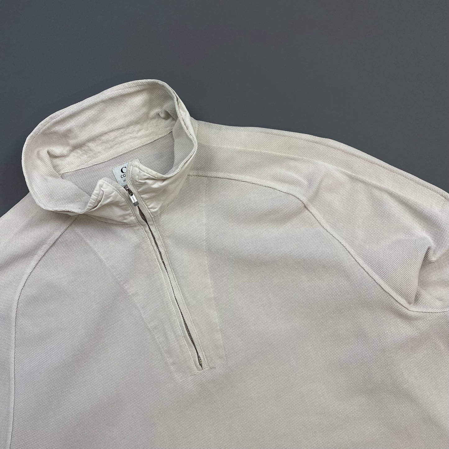 C.P. Company White SS03 Canvas Cotton Cuff Spellout Zip-Collar Jumper