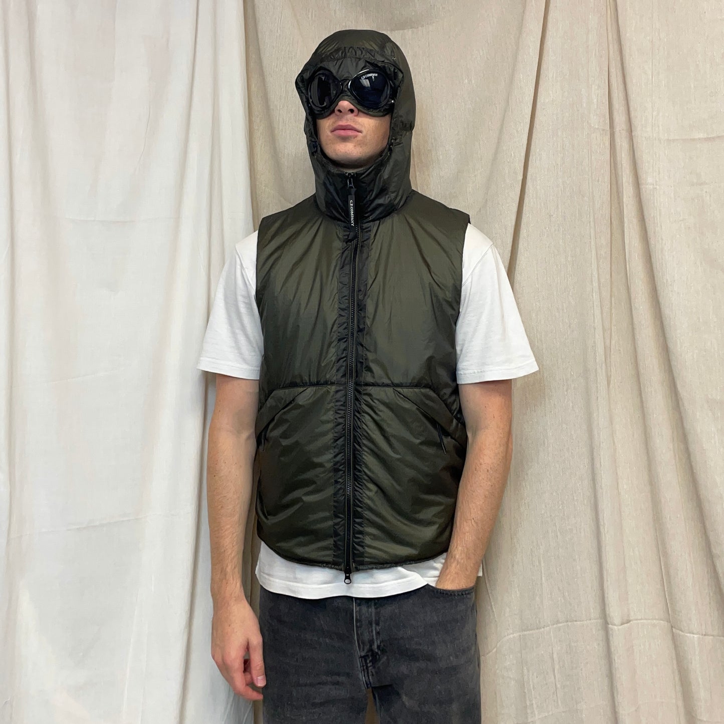 C.P. Company Khaki Green Nada Shell Primaloft Hooded Goggle Nylon Gilet Vest