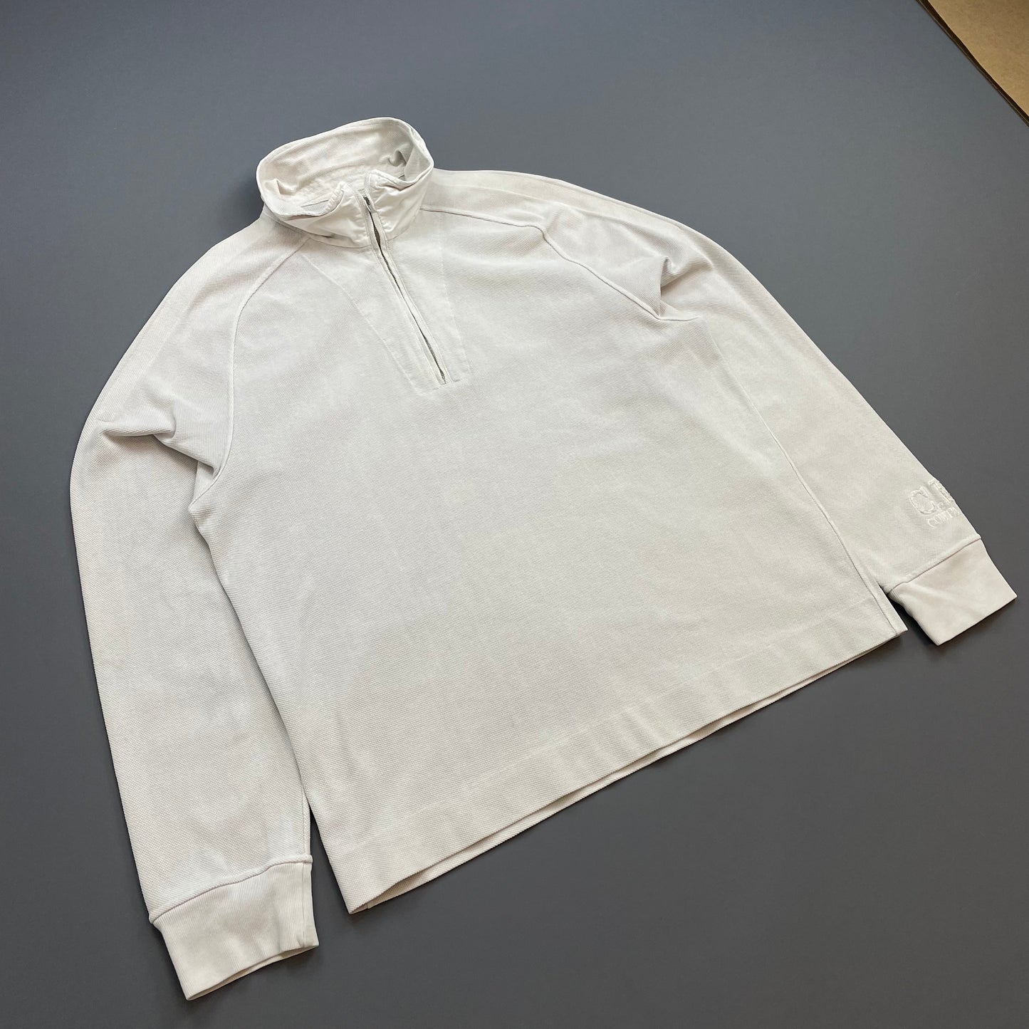 C.P. Company White SS03 Canvas Cotton Cuff Spellout Zip-Collar Jumper