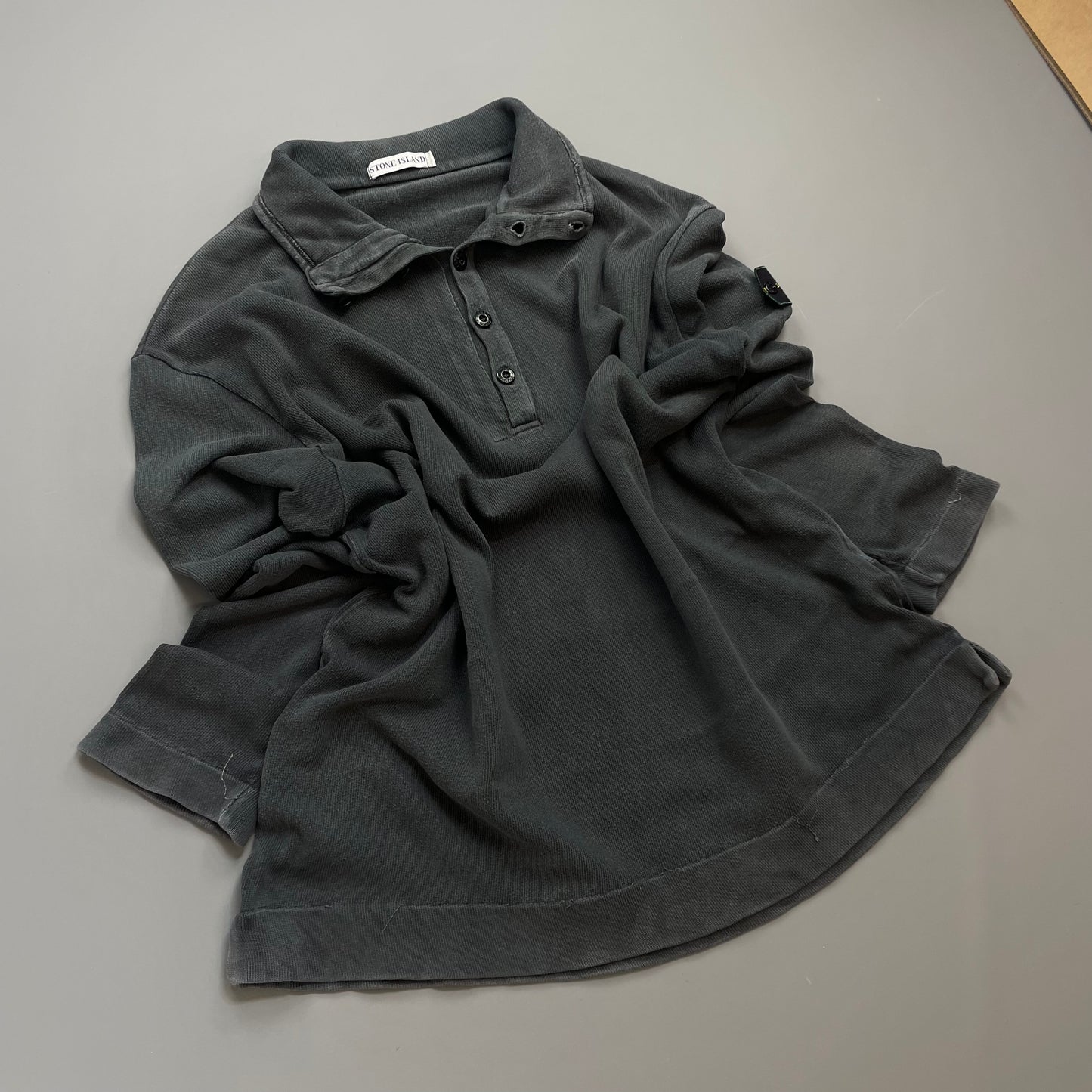 Stone Island Grey AW99 Cotton Button-Up Collar Green Edge Badge Jumper