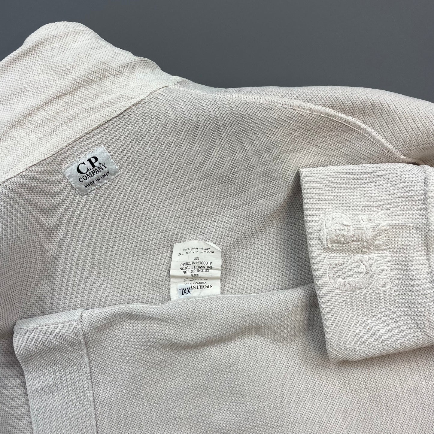 C.P. Company White SS03 Canvas Cotton Cuff Spellout Zip-Collar Jumper