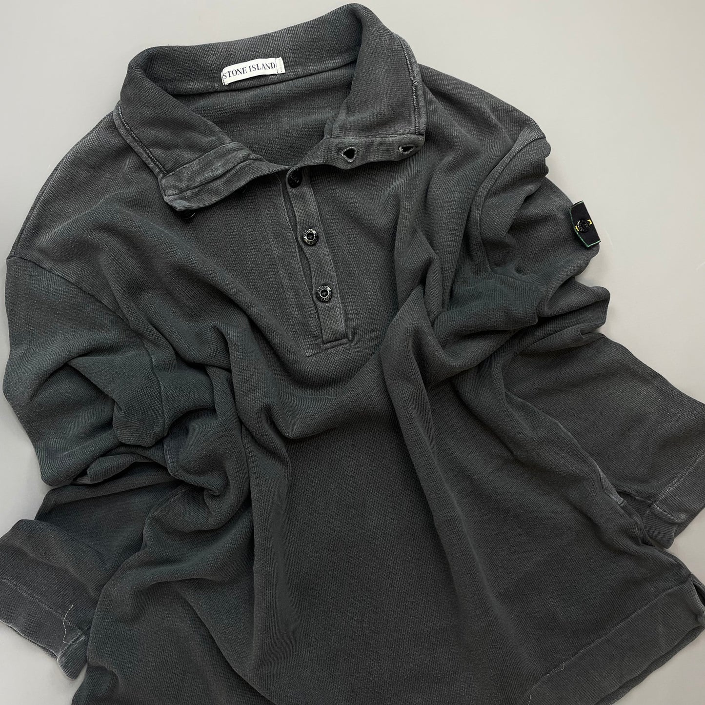 Stone Island Grey AW99 Cotton Button-Up Collar Green Edge Badge Jumper