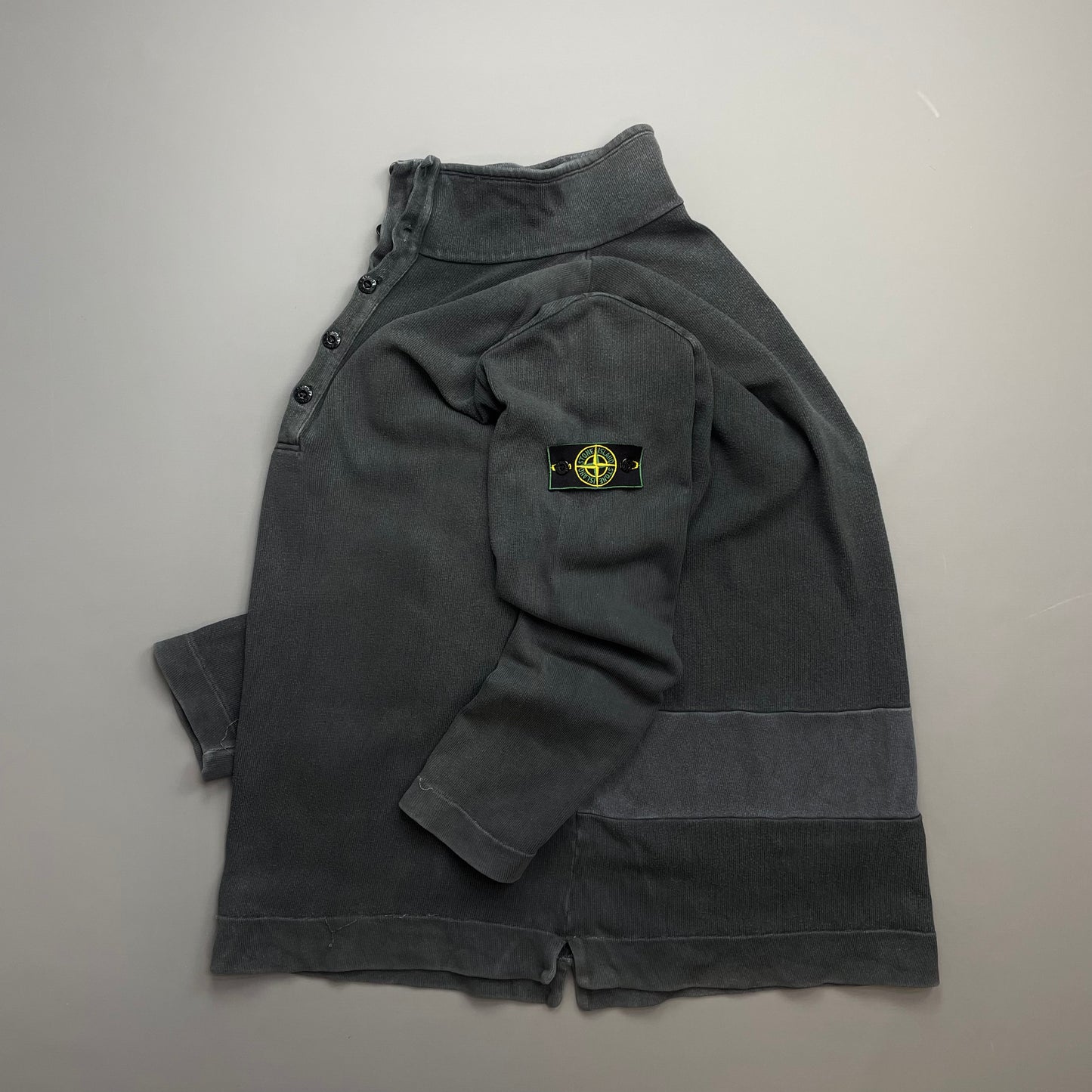 Stone Island Grey AW99 Cotton Button-Up Collar Green Edge Badge Jumper