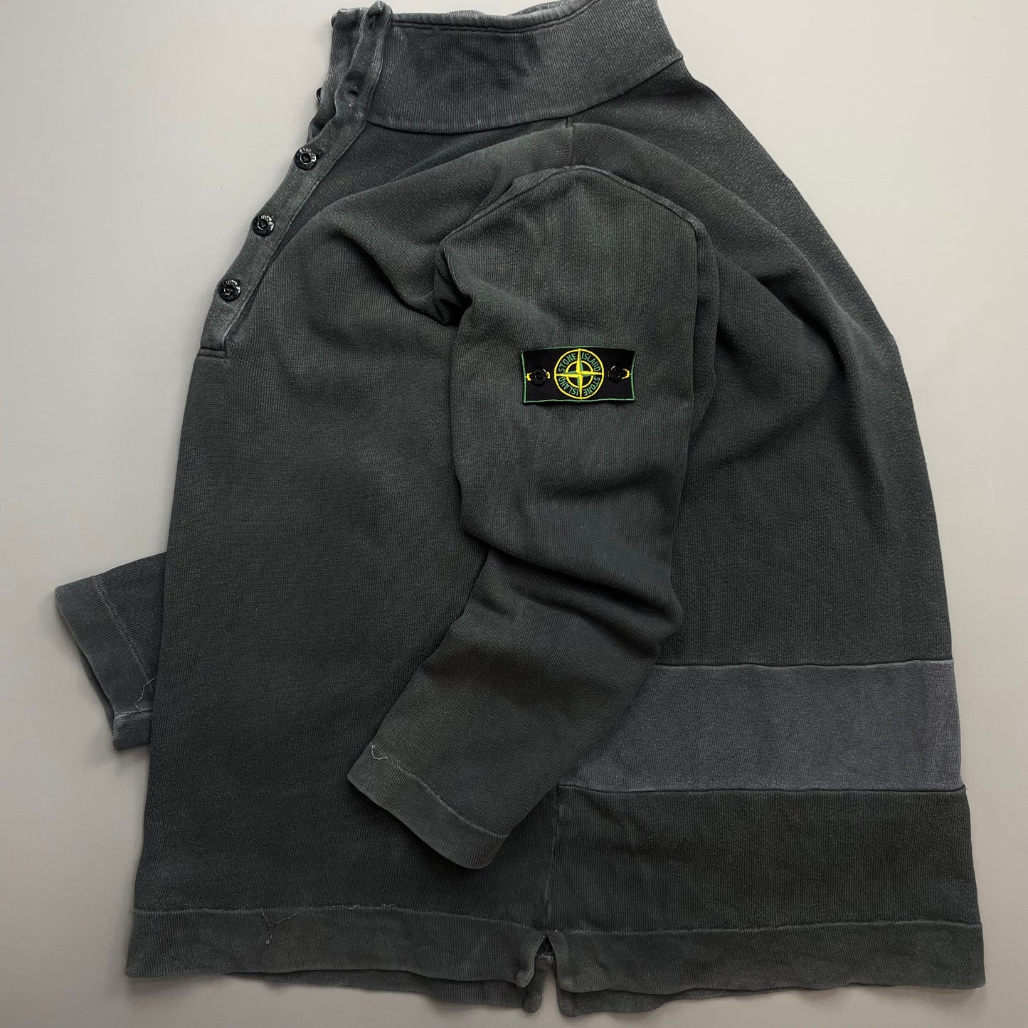 Stone Island Grey AW99 Cotton Button-Up Collar Green Edge Badge Jumper