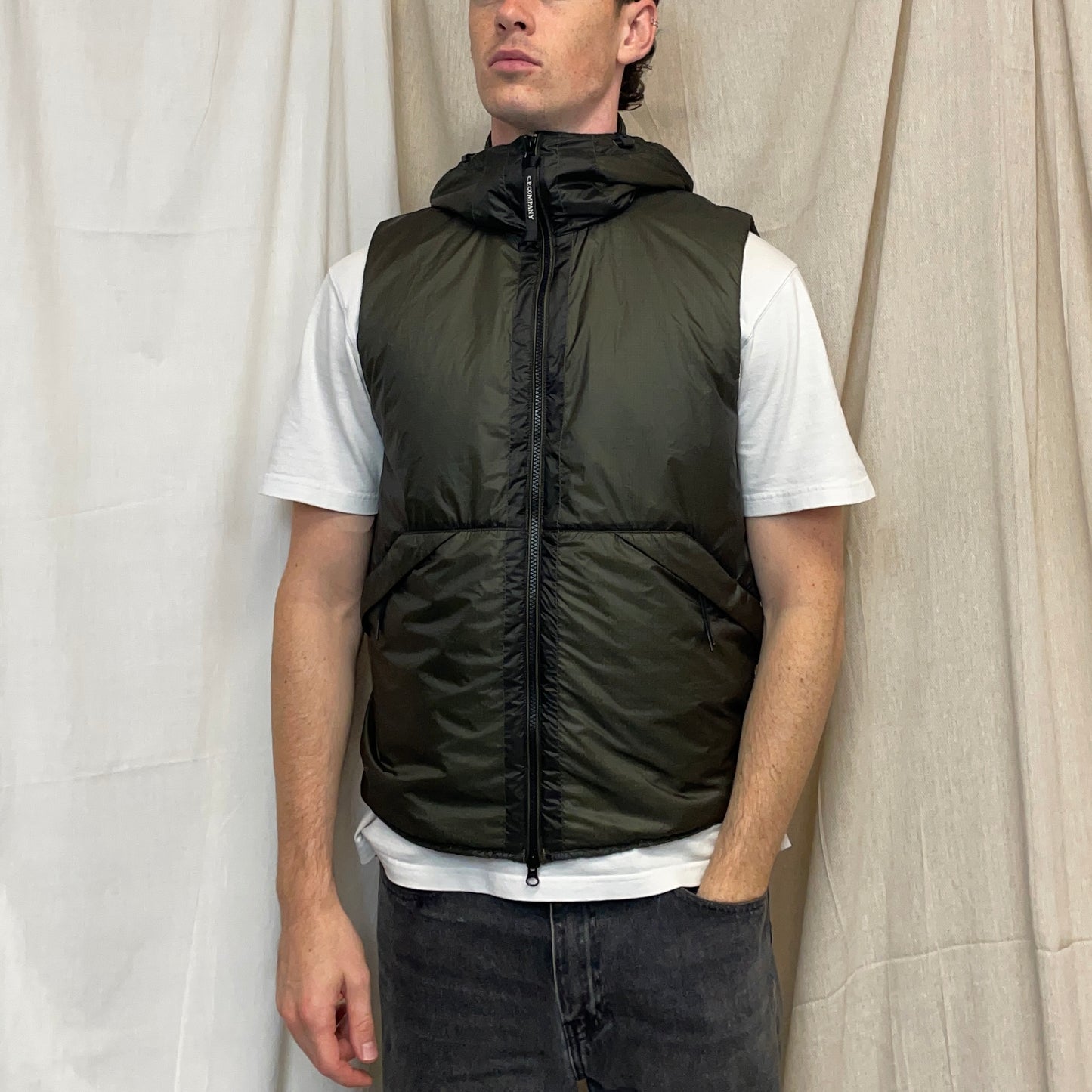 C.P. Company Khaki Green Nada Shell Primaloft Hooded Goggle Nylon Gilet Vest