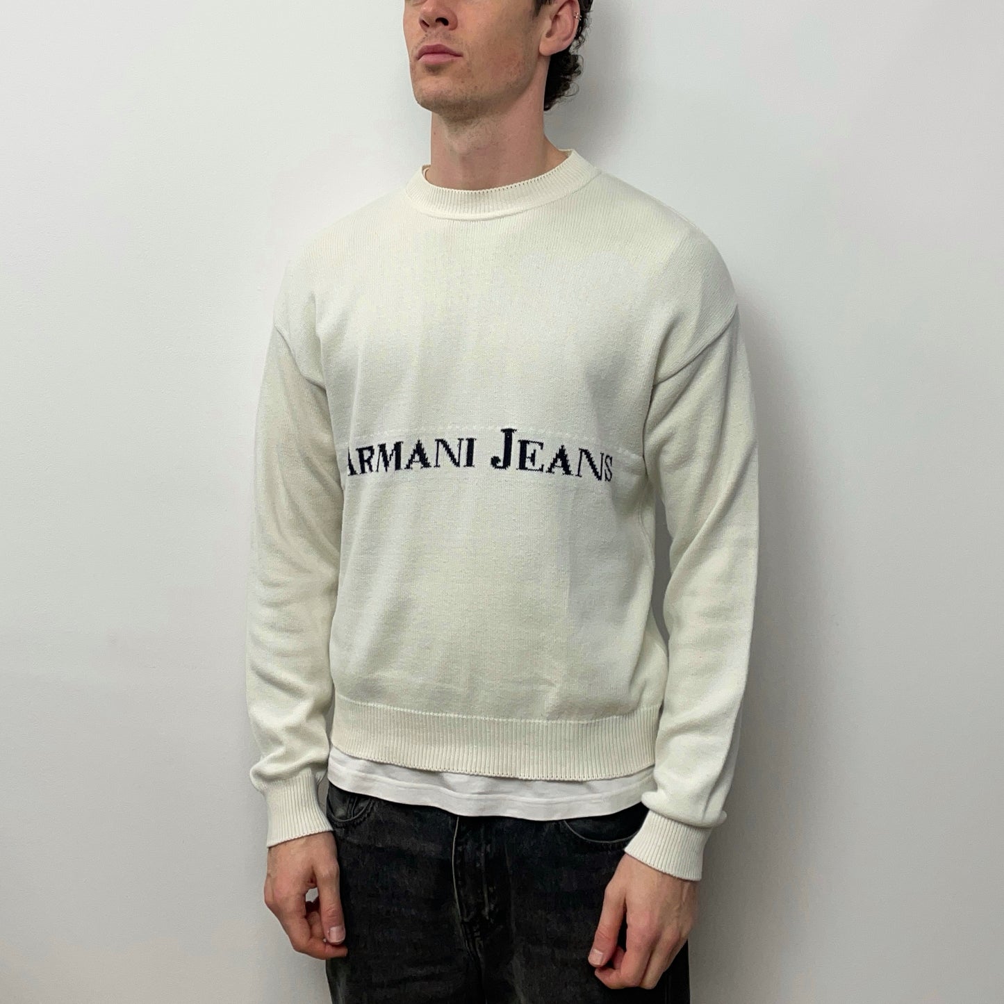 Armani Jeans Cream White 90s Spellout Knit Jumper