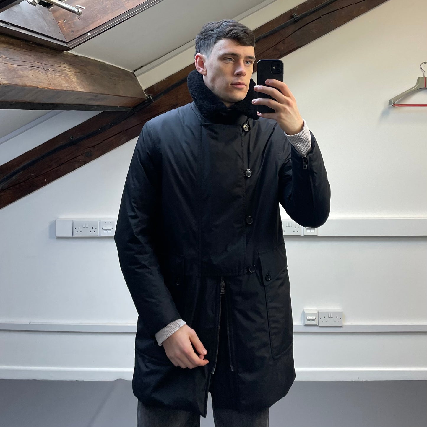 Prada Sport Black Nylon Sheep Fur Padded Long Coat