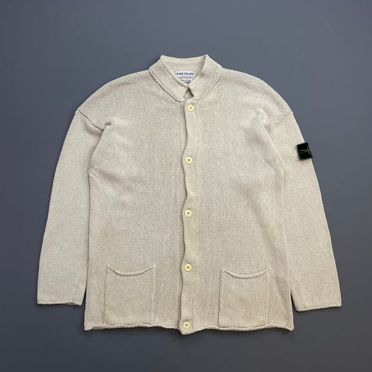Stone Island Cream SS95 Silk Linen Button-Through Green Edge Badge Knit Cardigan Jumper