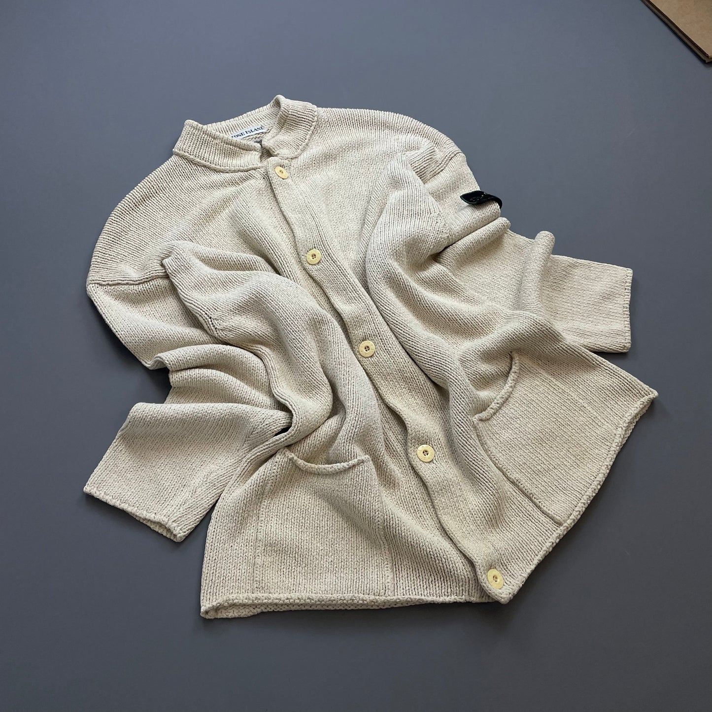 Stone Island Cream SS95 Silk Linen Button-Through Green Edge Badge Knit Cardigan Jumper