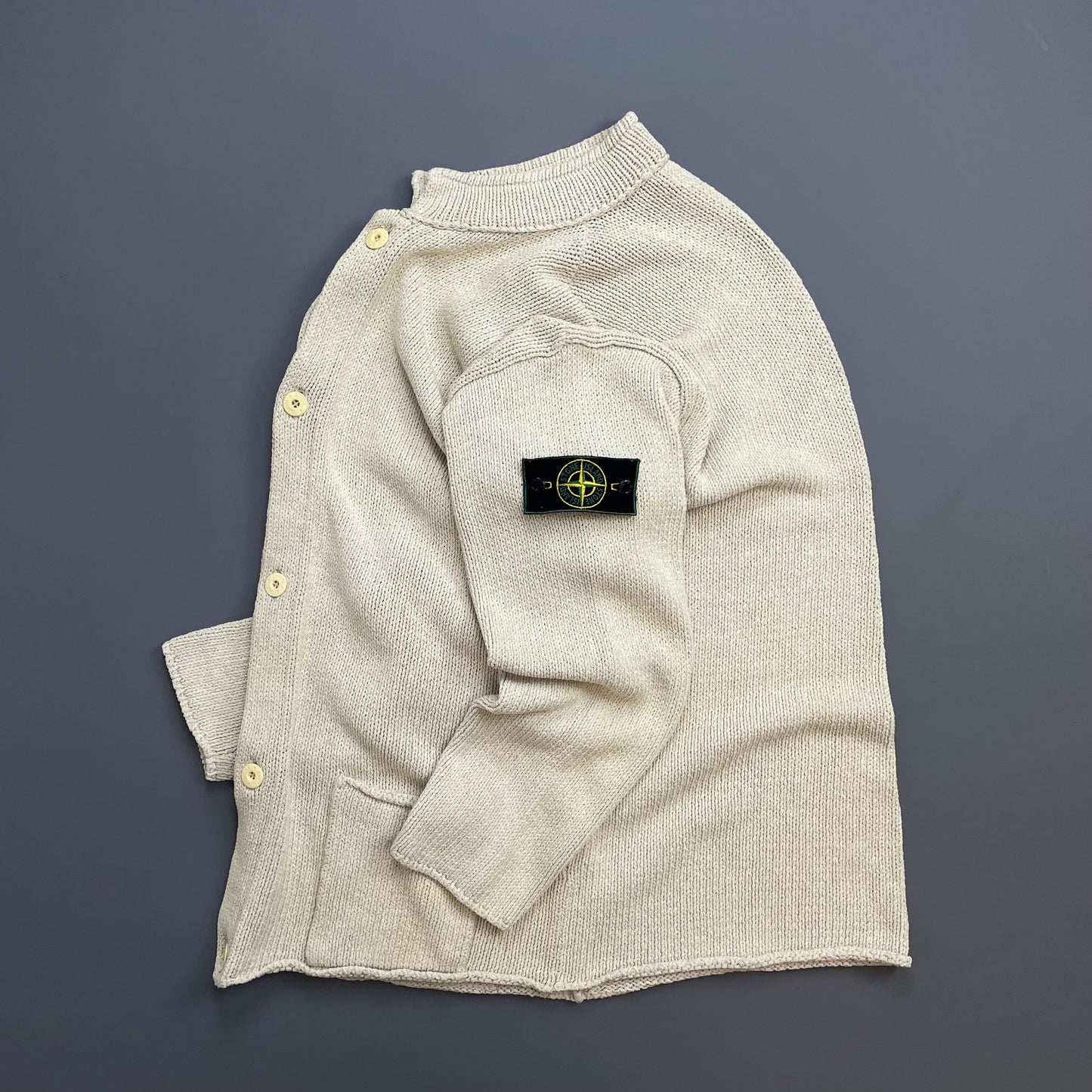 Stone Island Cream SS95 Silk Linen Button-Through Green Edge Badge Knit Cardigan Jumper