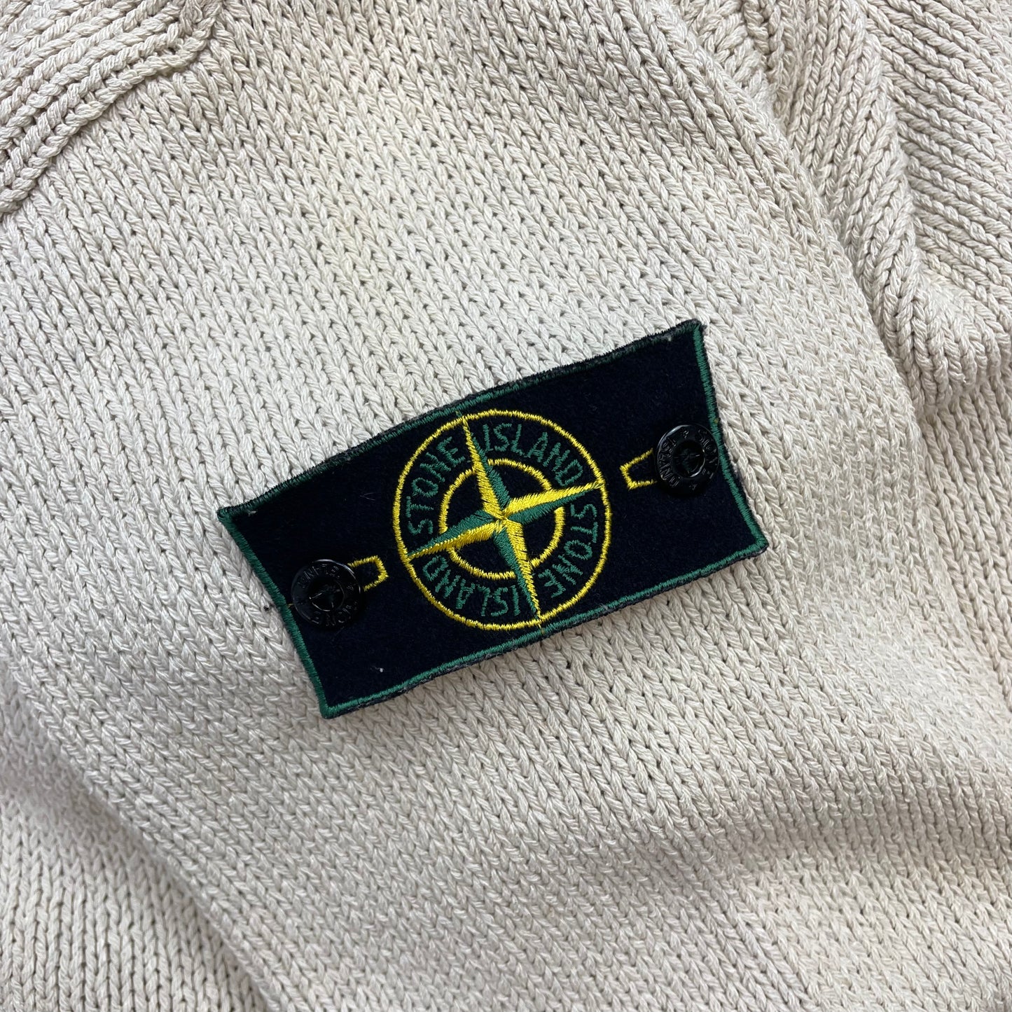 Stone Island Cream SS95 Silk Linen Button-Through Green Edge Badge Knit Cardigan Jumper