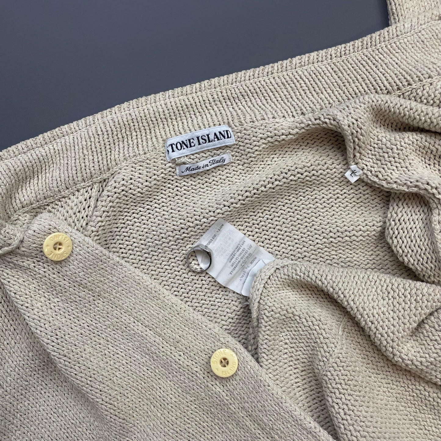 Stone Island Cream SS95 Silk Linen Button-Through Green Edge Badge Knit Cardigan Jumper