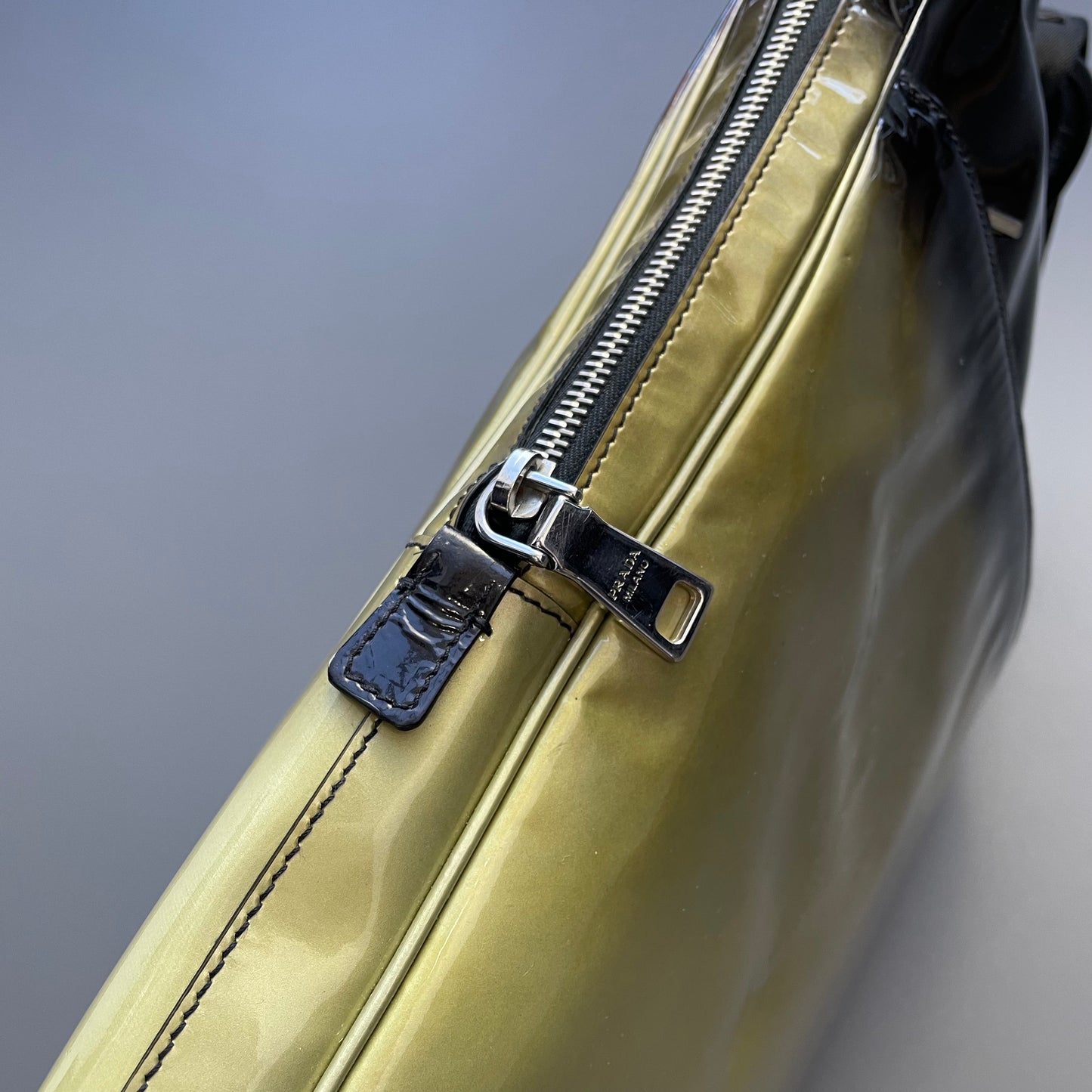 Prada Milano Black & Gold Ombre Gradient Patent Leather Handheld Bag