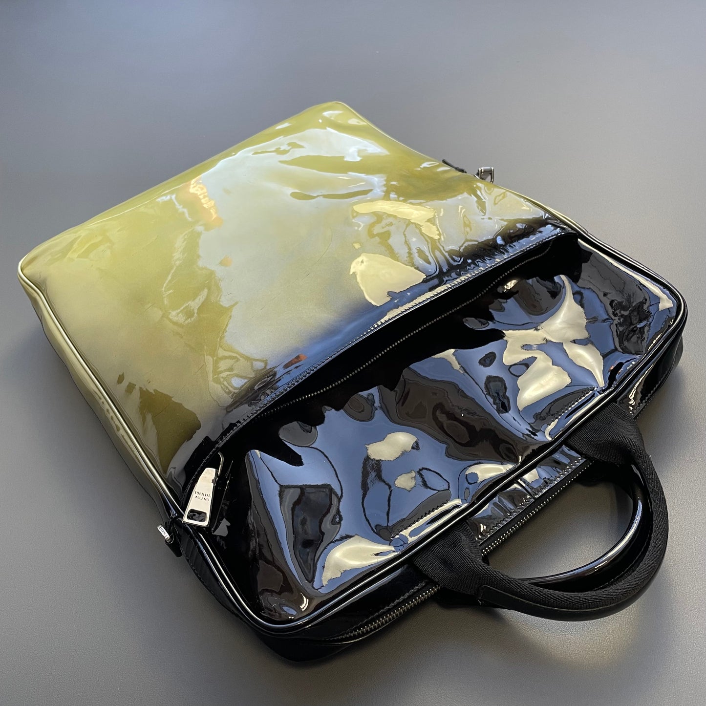 Prada Milano Black & Gold Ombre Gradient Patent Leather Handheld Bag