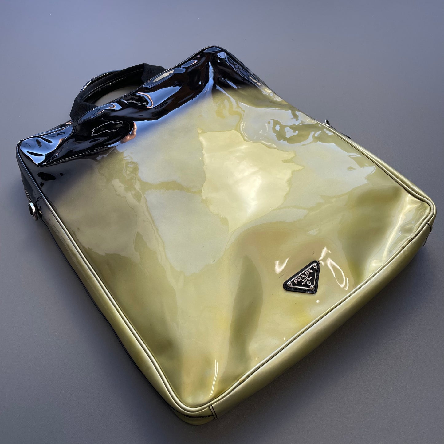 Prada Milano Black & Gold Ombre Gradient Patent Leather Handheld Bag