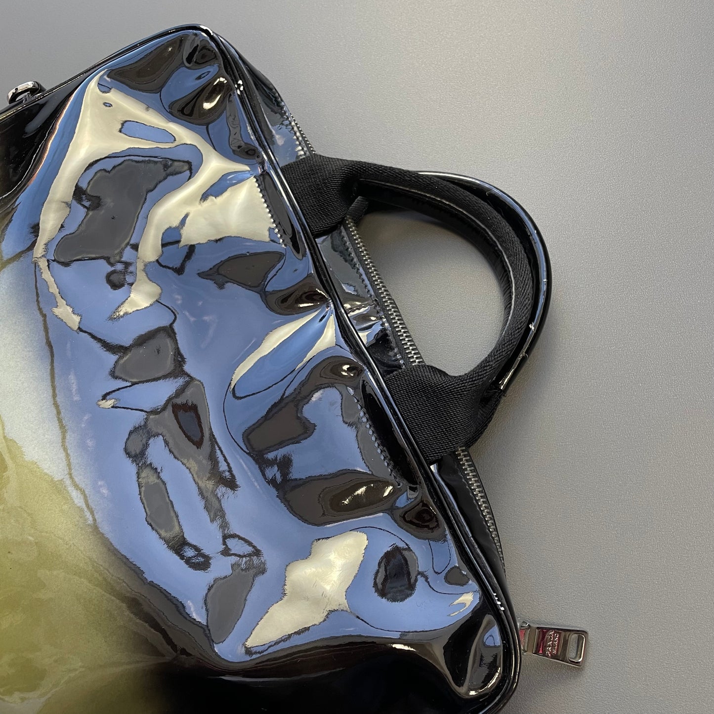 Prada Milano Black & Gold Ombre Gradient Patent Leather Handheld Bag