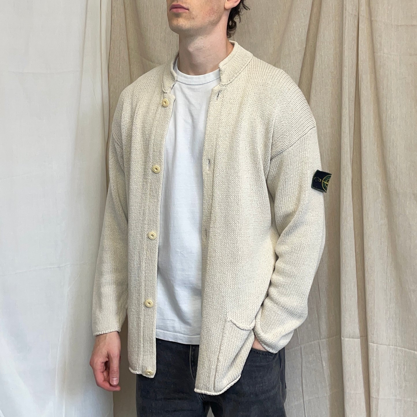 Stone Island Cream SS95 Silk Linen Button-Through Green Edge Badge Knit Cardigan Jumper