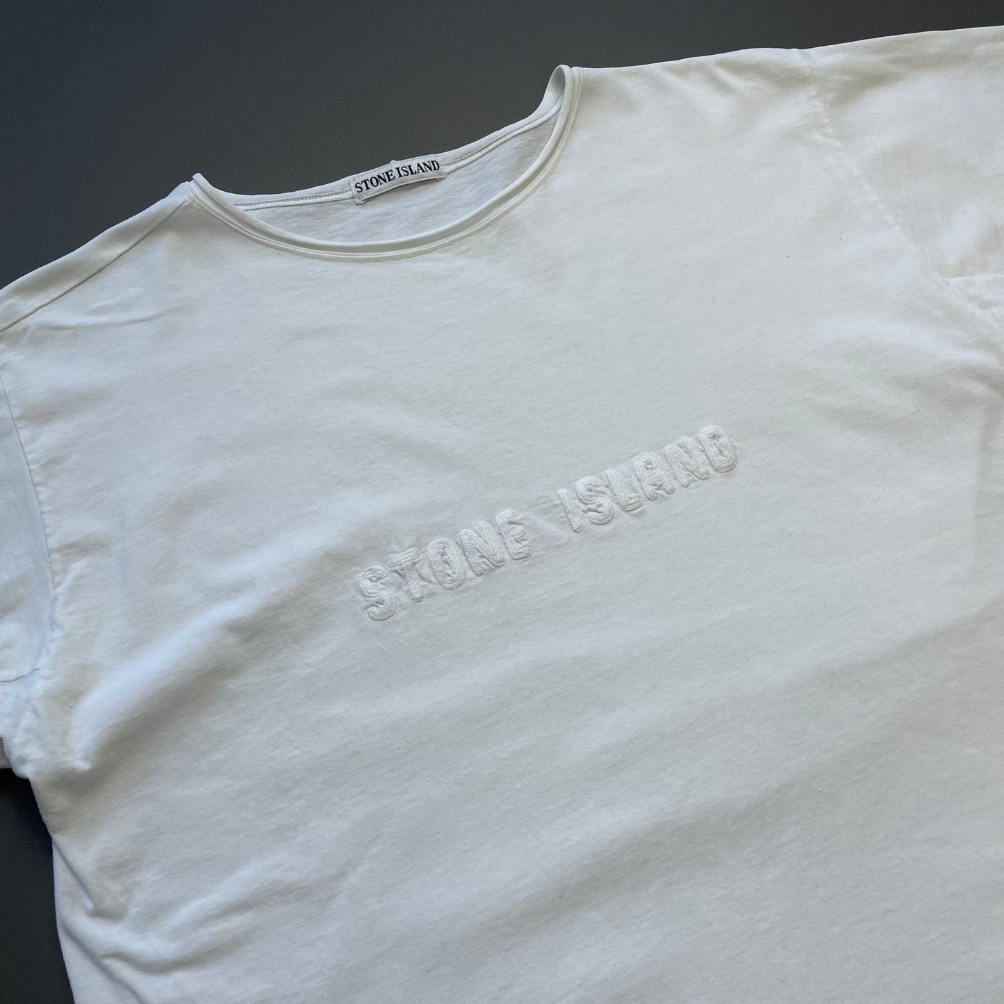 Stone Island White 90s Graphic Stitch Spellout Tee