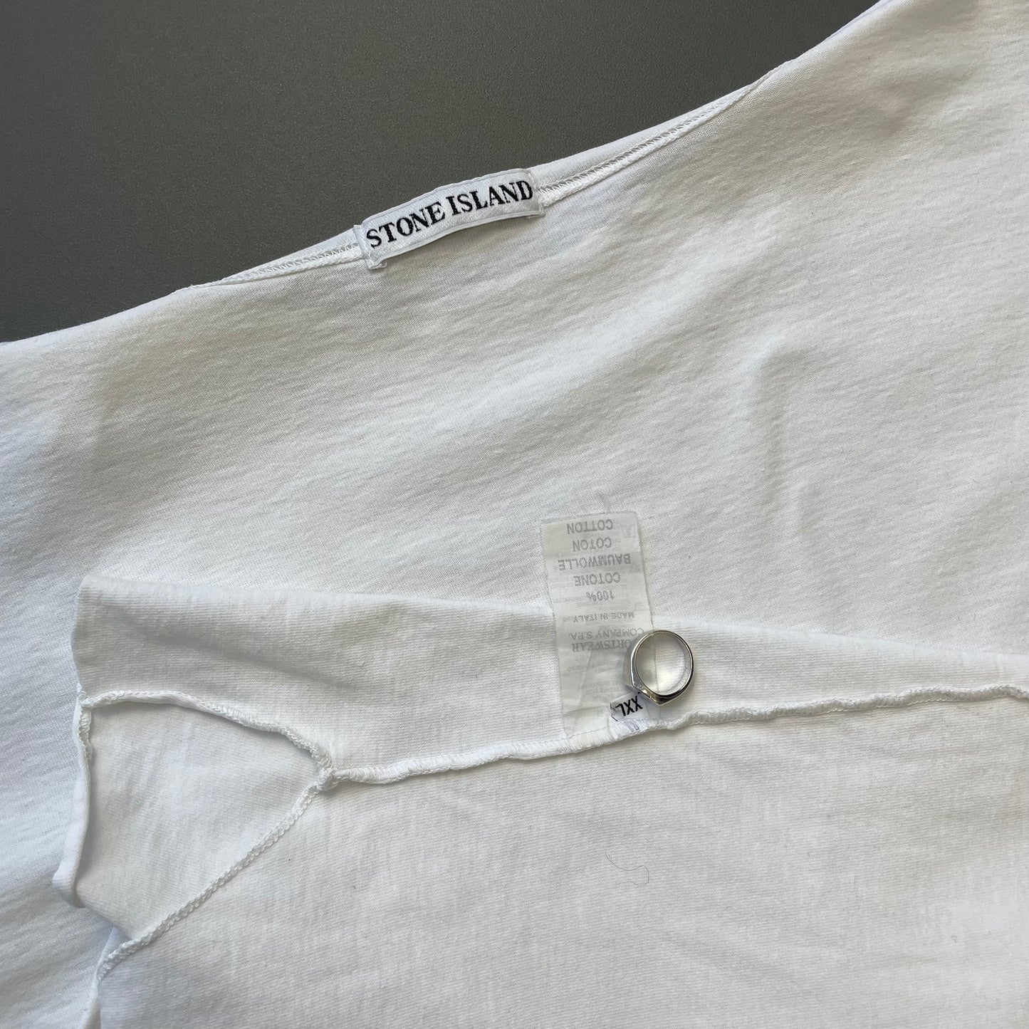 Stone Island White 90s Graphic Stitch Spellout Tee