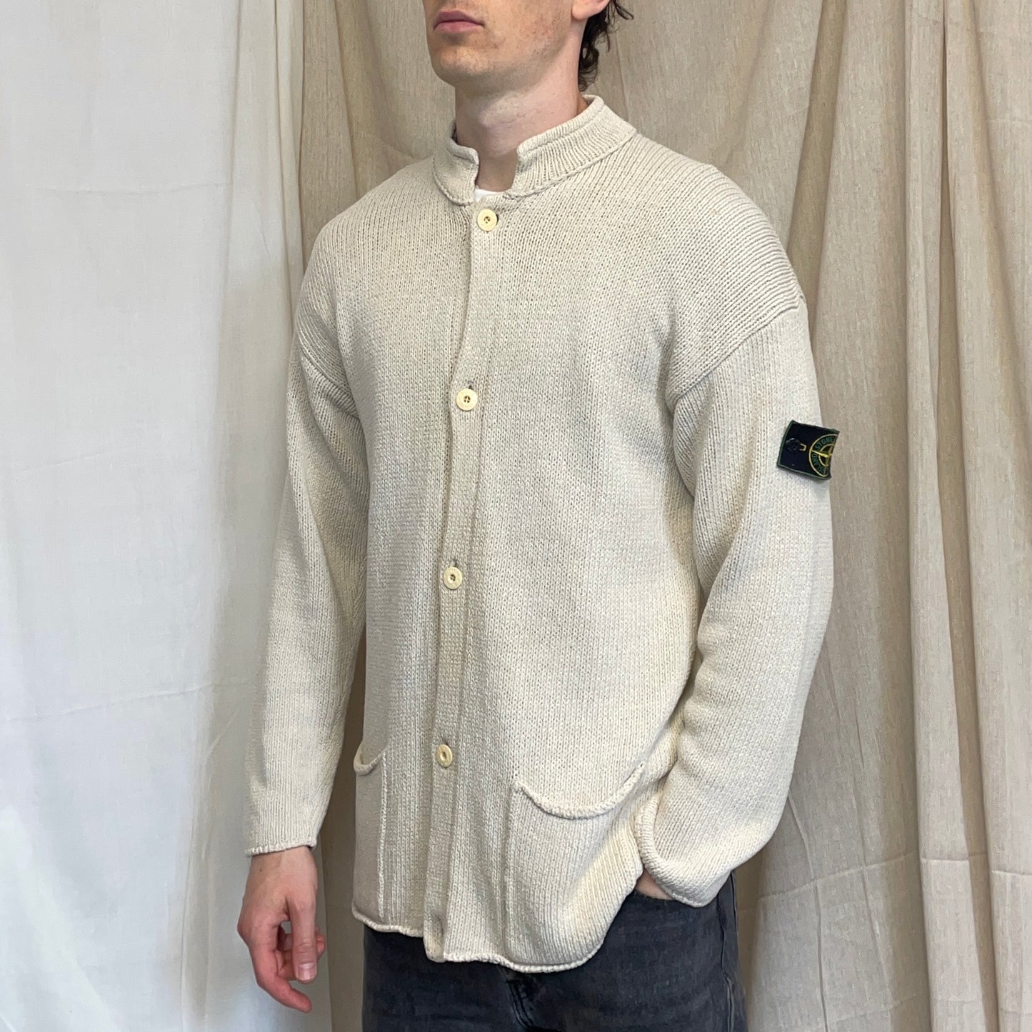 Stone Island Cream SS95 Silk Linen Button-Through Green Edge Badge Knit Cardigan Jumper