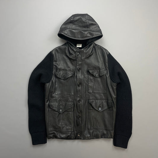C.P. Company Black Leather & Navy Wool AW07 Hooded Jacket