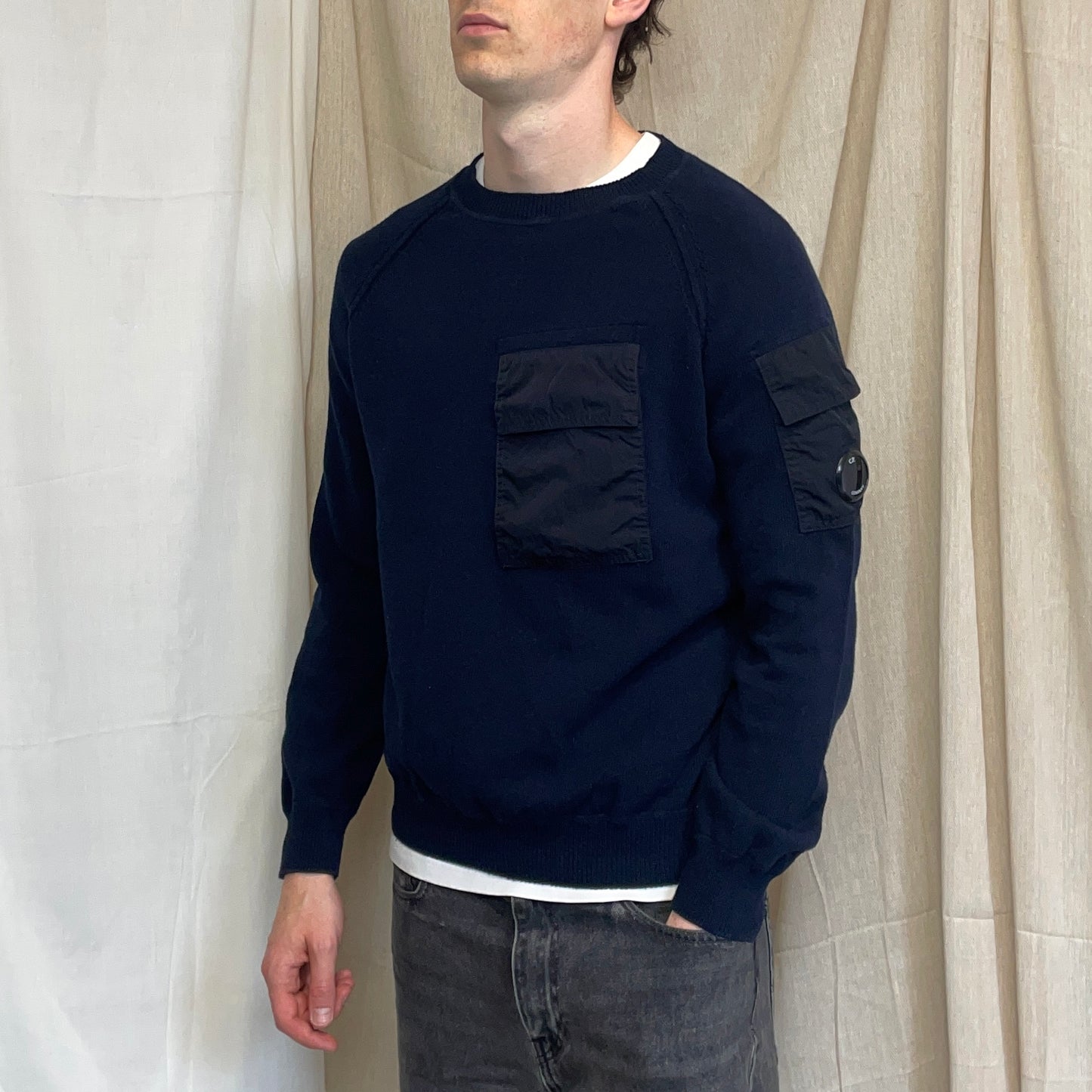 CP Company Navy & Black Nylon Pocket Knit Lens Jumper
