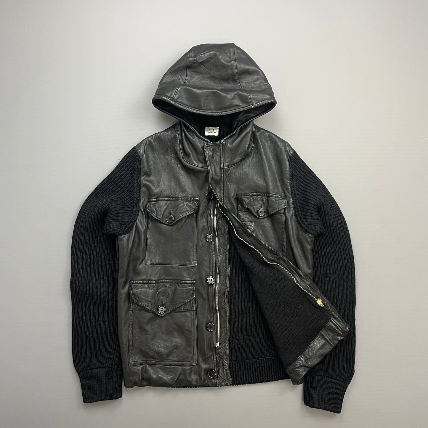 C.P. Company Black Leather & Navy Wool AW07 Hooded Jacket