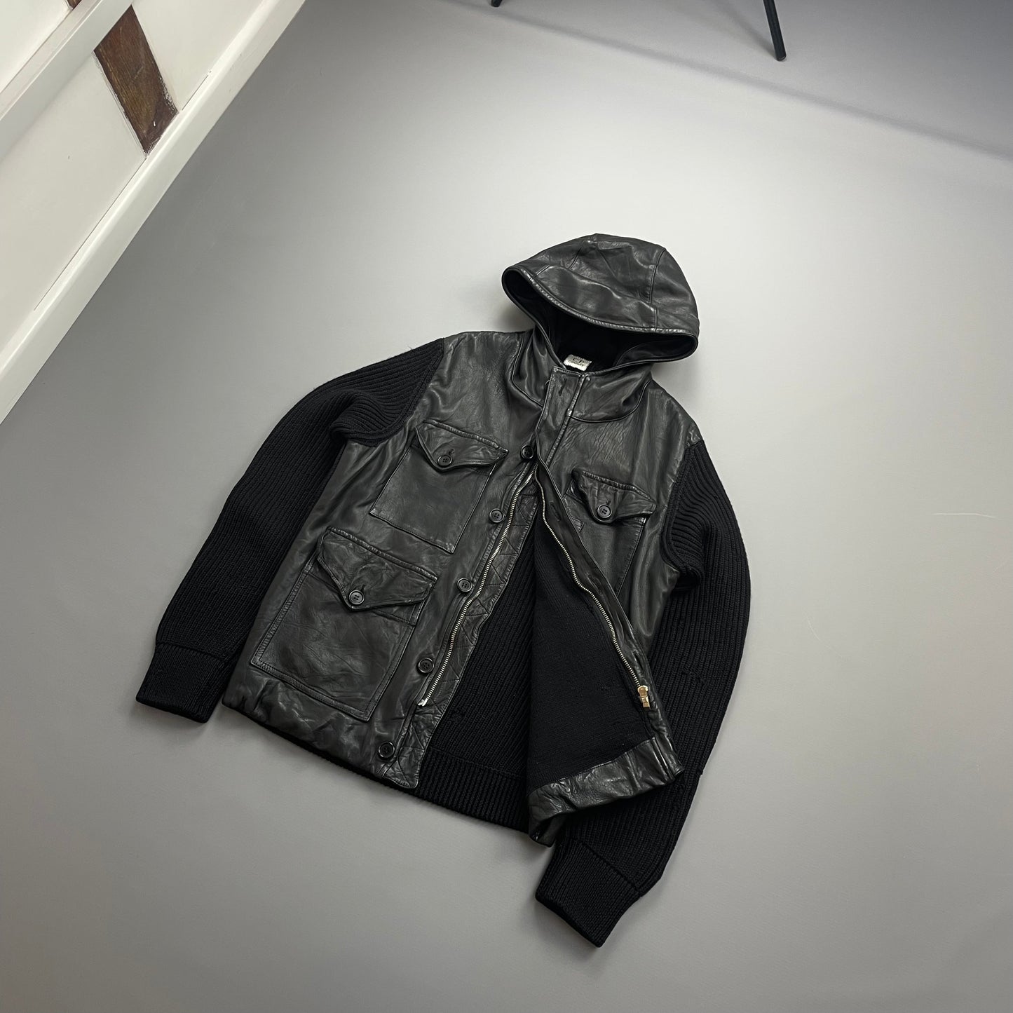 C.P. Company Black Leather & Navy Wool AW07 Hooded Jacket