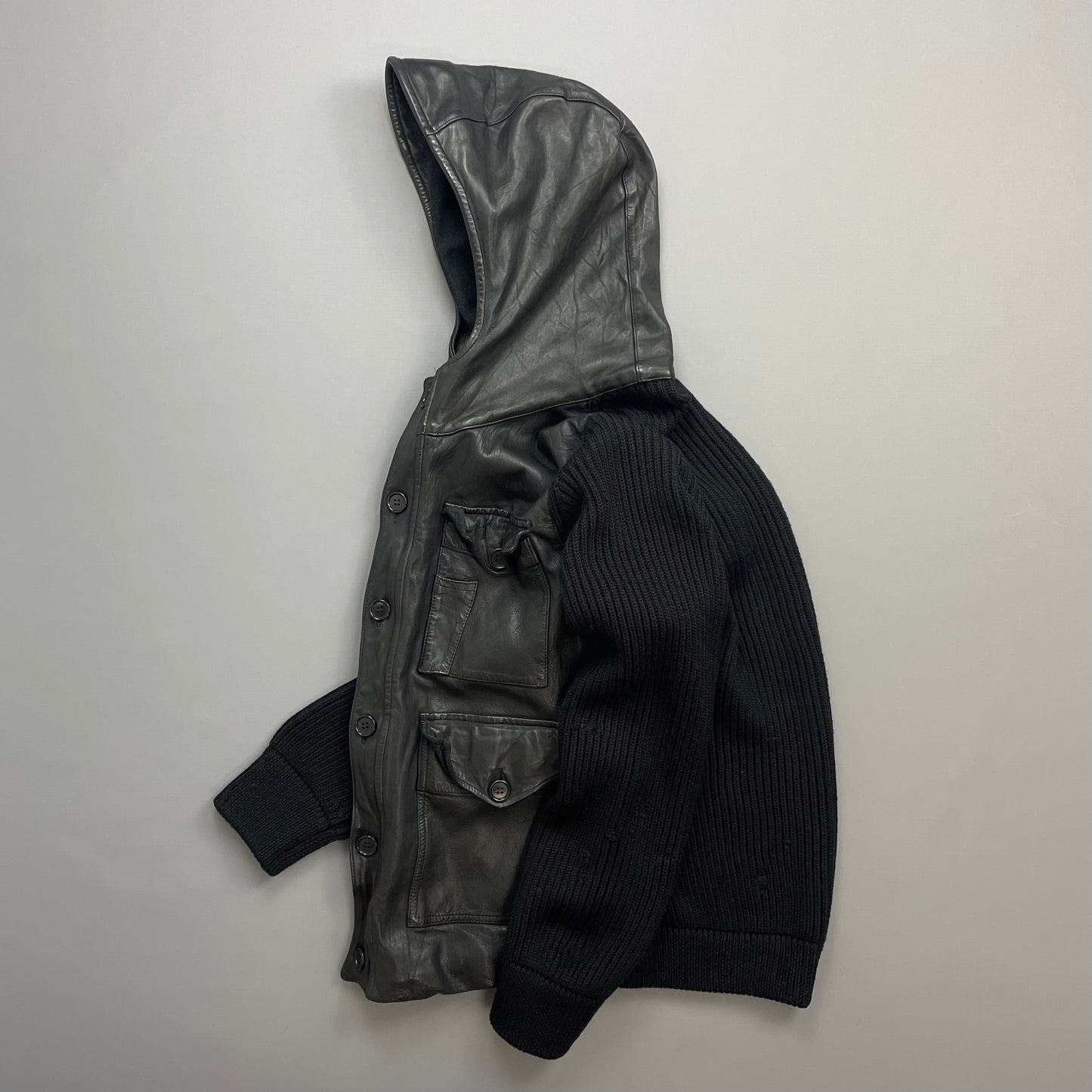 C.P. Company Black Leather & Navy Wool AW07 Hooded Jacket