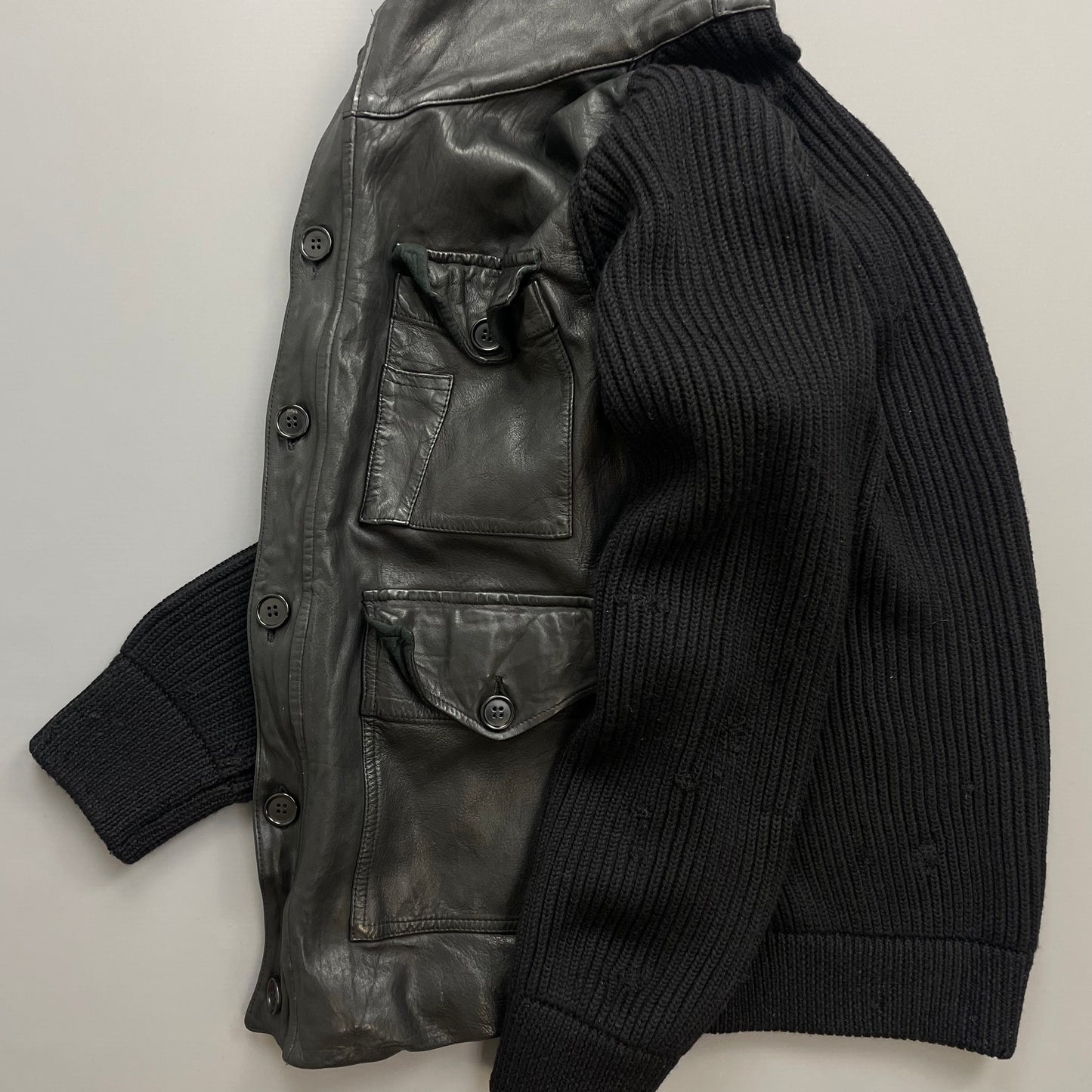 C.P. Company Black Leather & Navy Wool AW07 Hooded Jacket