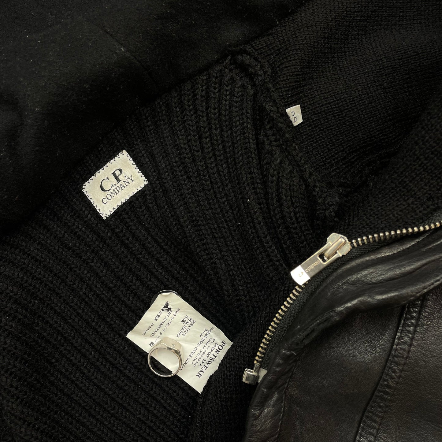 C.P. Company Black Leather & Navy Wool AW07 Hooded Jacket