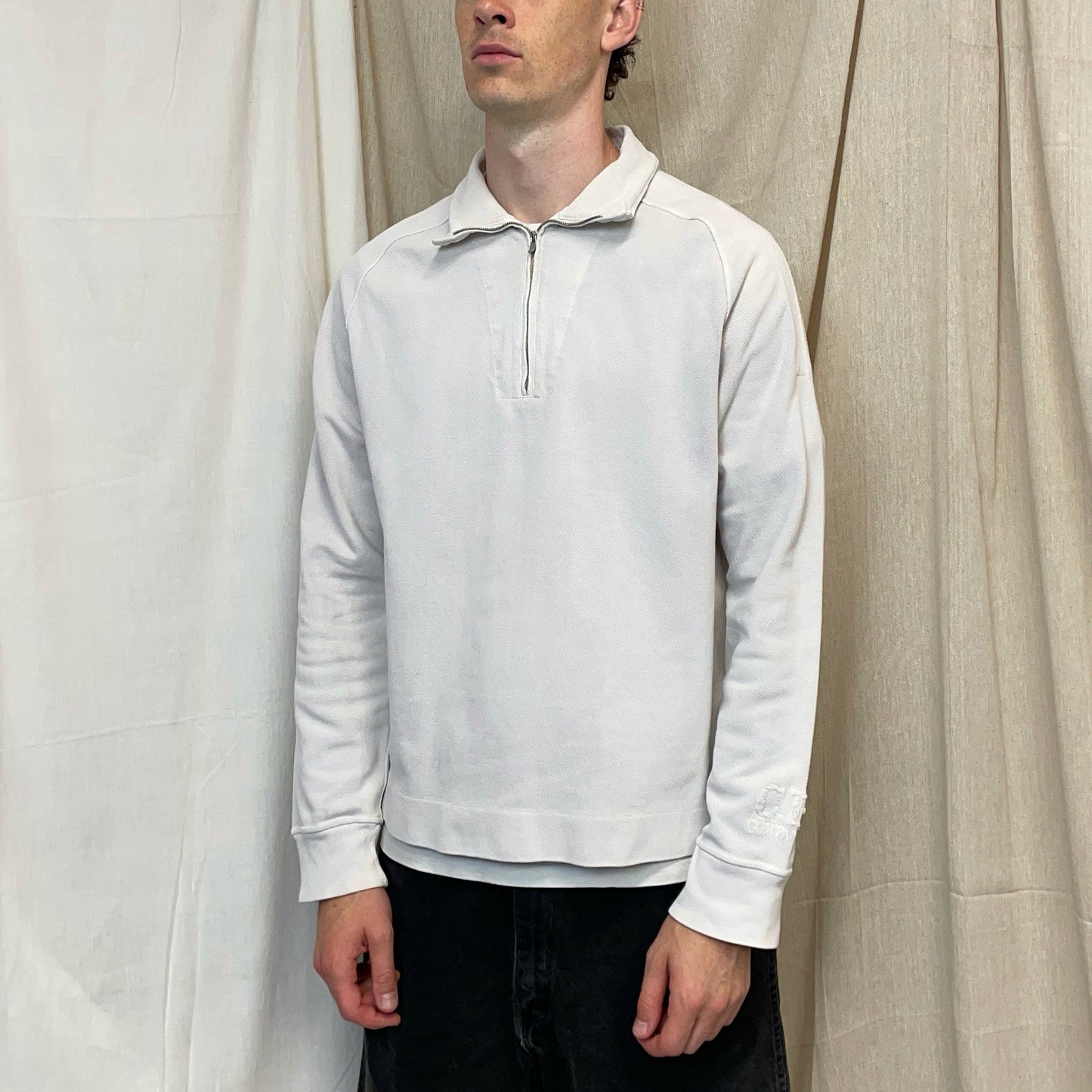 C.P. Company White SS03 Canvas Cotton Cuff Spellout Zip-Collar Jumper