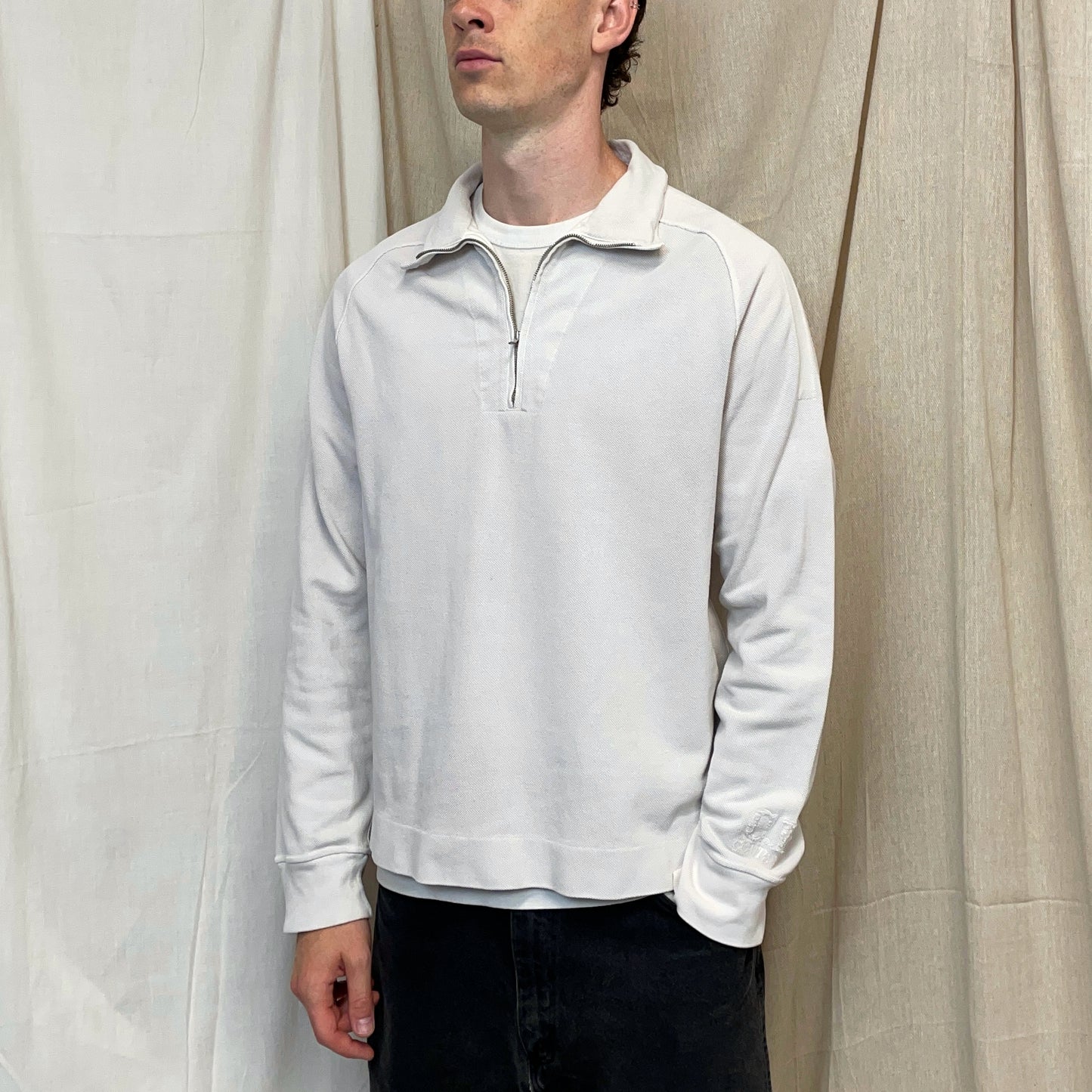 C.P. Company White SS03 Canvas Cotton Cuff Spellout Zip-Collar Jumper