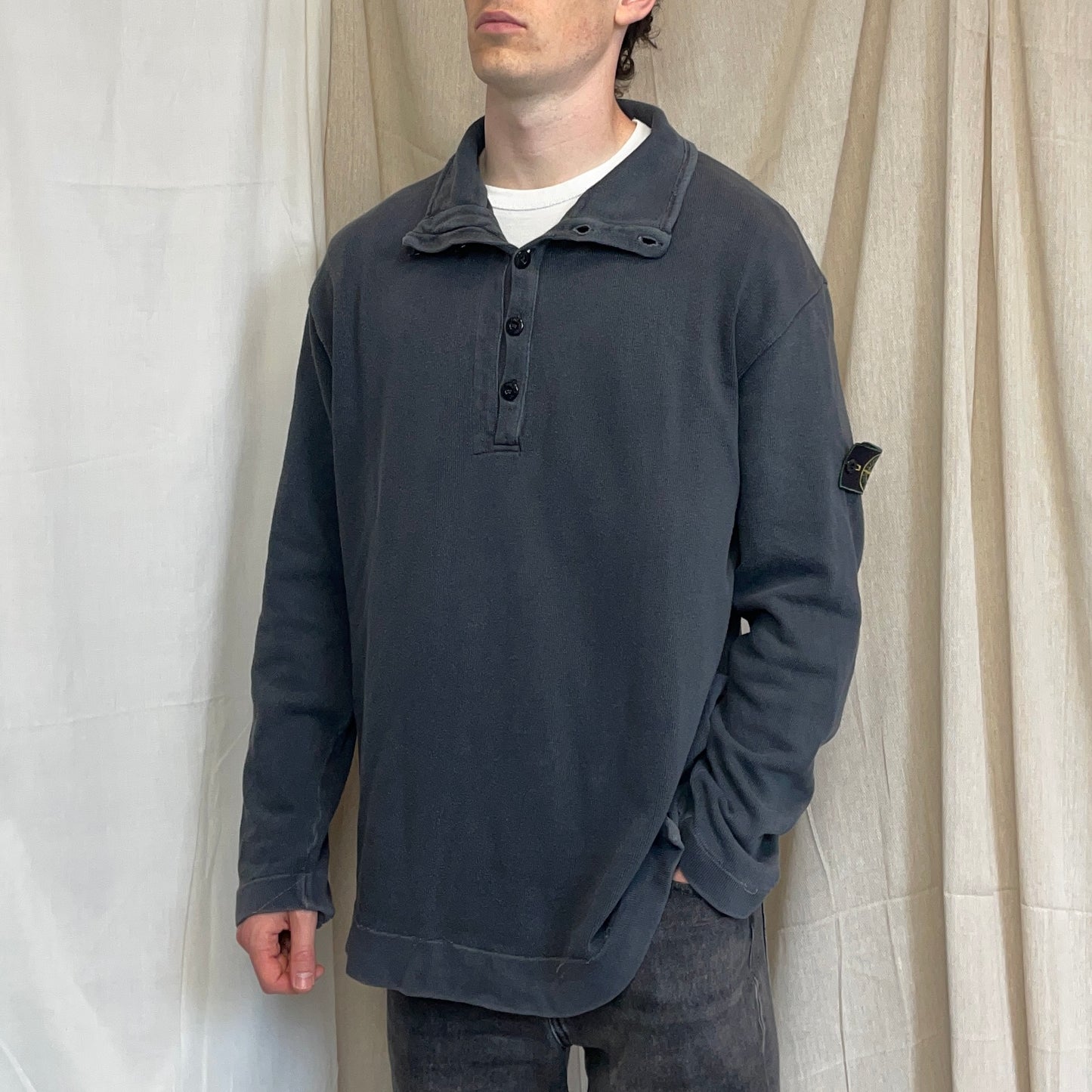 Stone Island Grey AW99 Cotton Button-Up Collar Green Edge Badge Jumper